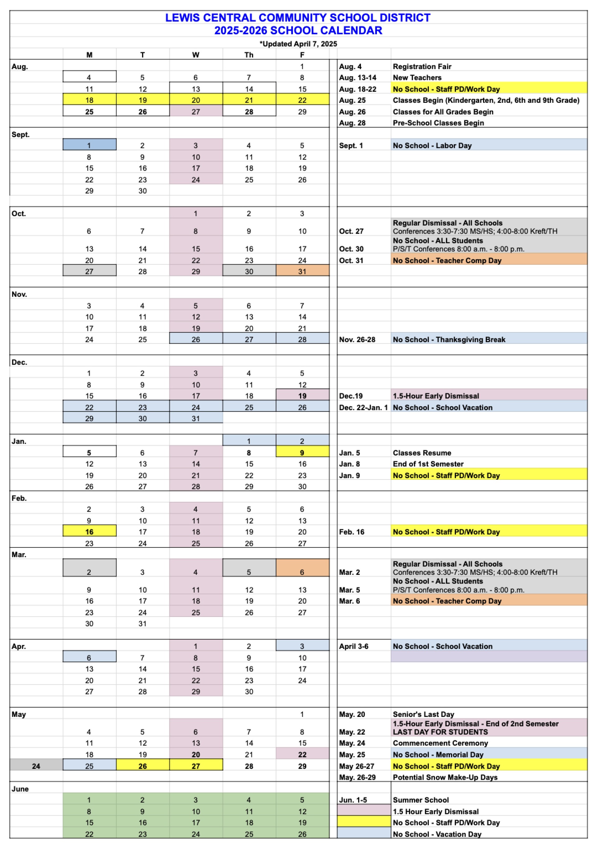 The approved and revised 2025-2026 Lewis Central school calendar.