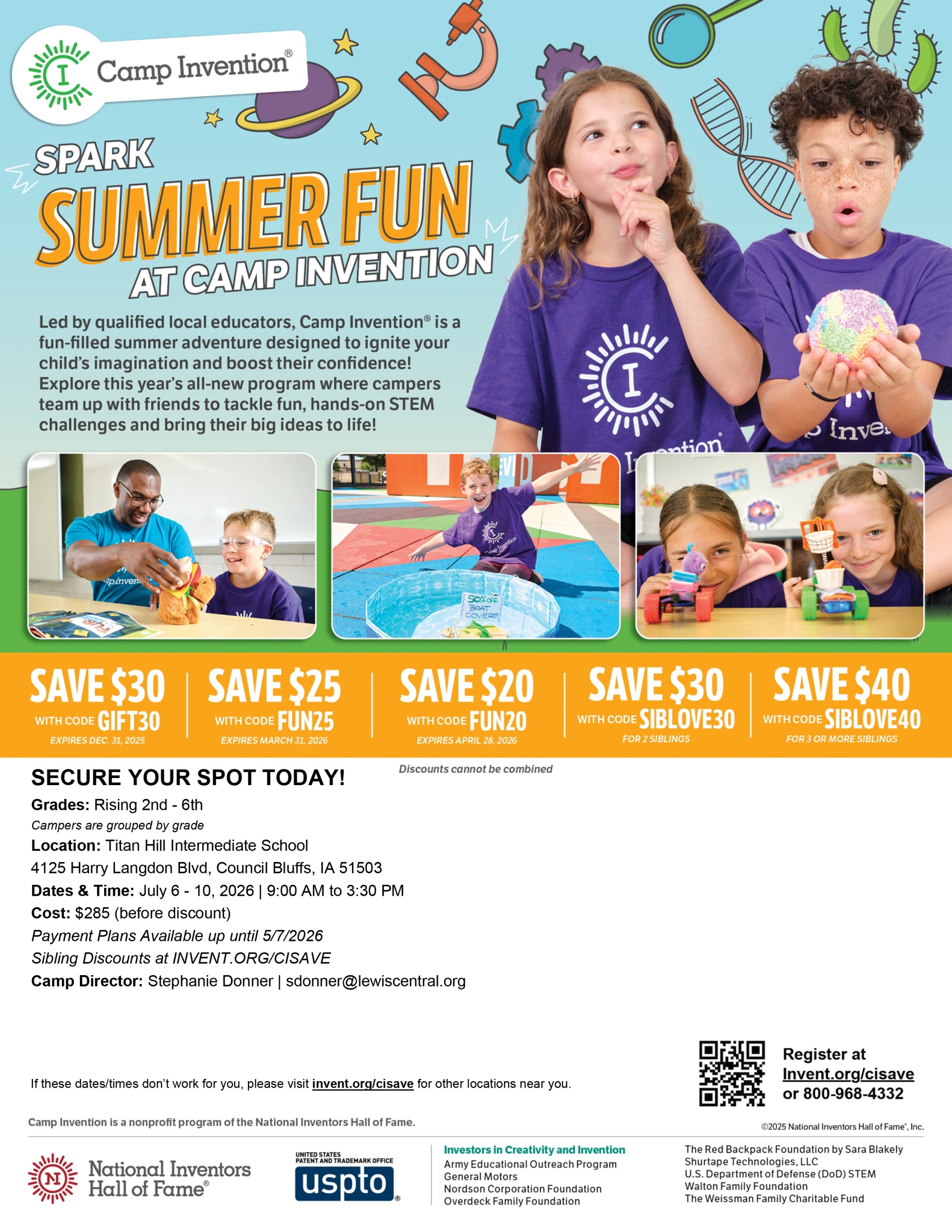 Flyer with information about registering for Camp Invention, happening at Titan Hill on July 6-10, 2026.