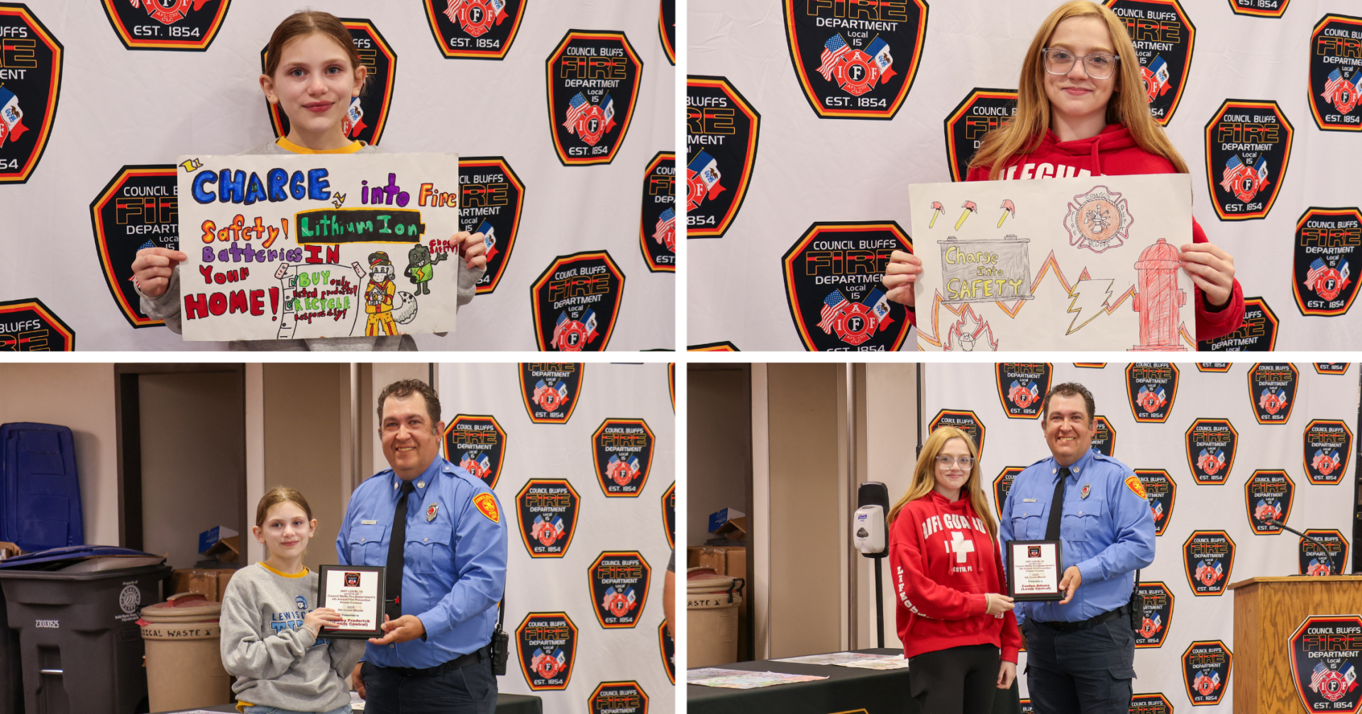 A collage with four images showing the poster winners with their posters and posing with the Fire Chief