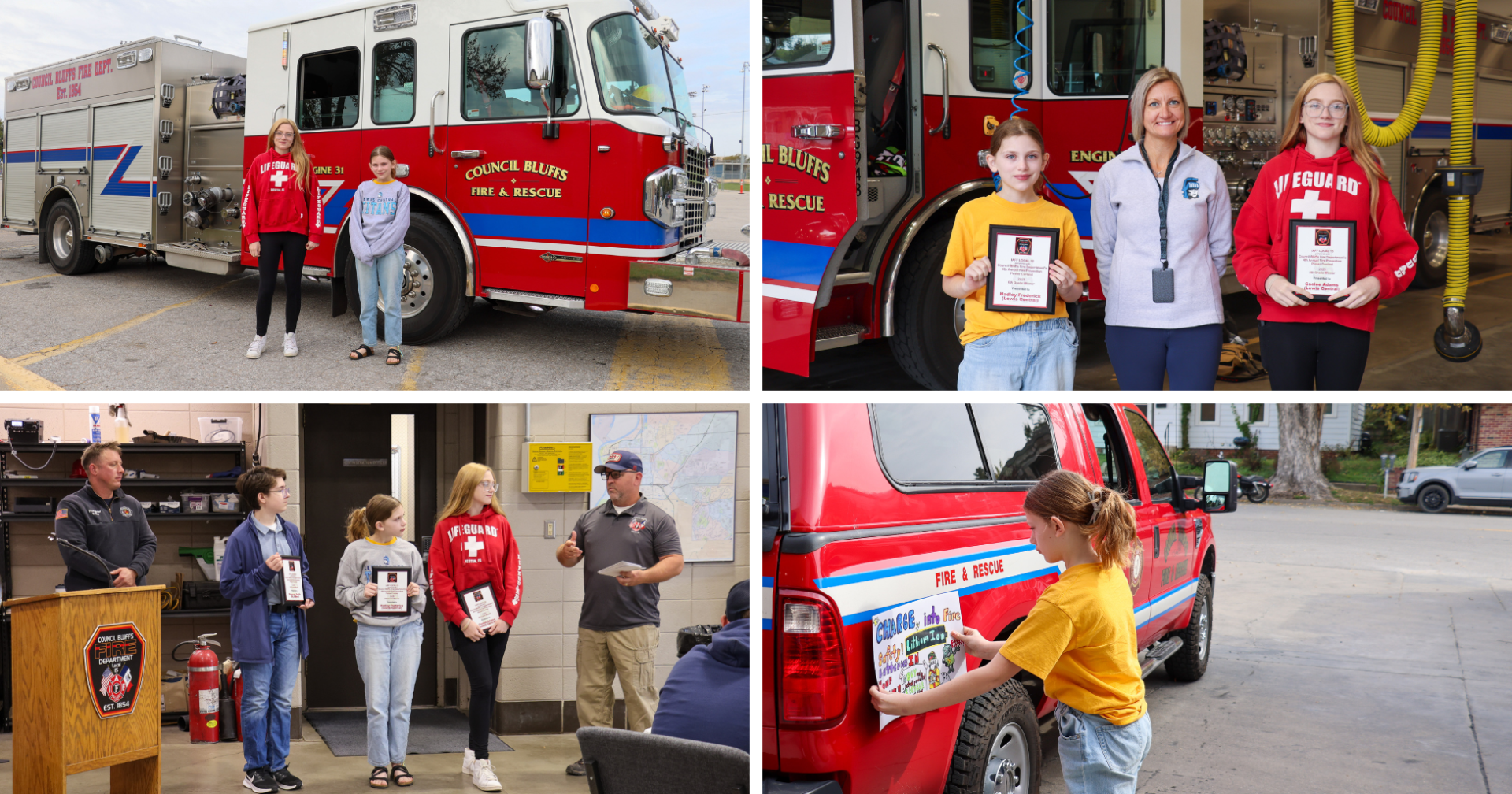 A collage of four images showcasing the poster winners being picked up by the fire truck, a photo with their awards and Dr. Reynolds, and placing their  magnets on the fire truck