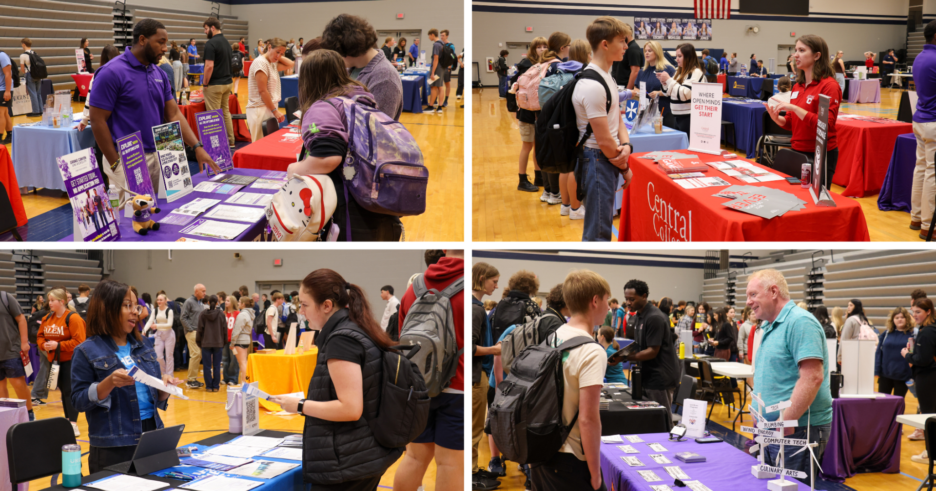 A collage of four different images showing high school students interacting with college representatives at the annual College Fair.