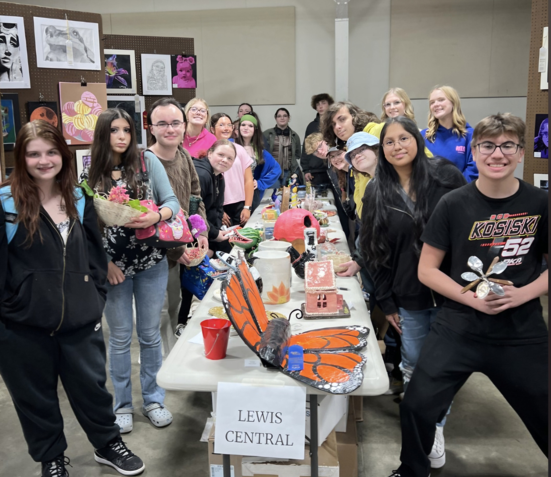 A group photo of all the LCHS students who participated in the Hawkeye 10 Art Show.