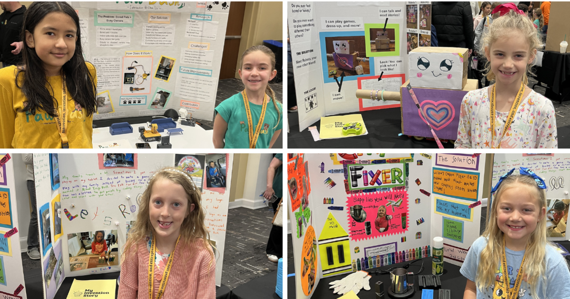 A four image collage showing each award winner from Invention Convention standing next to their Inventions.