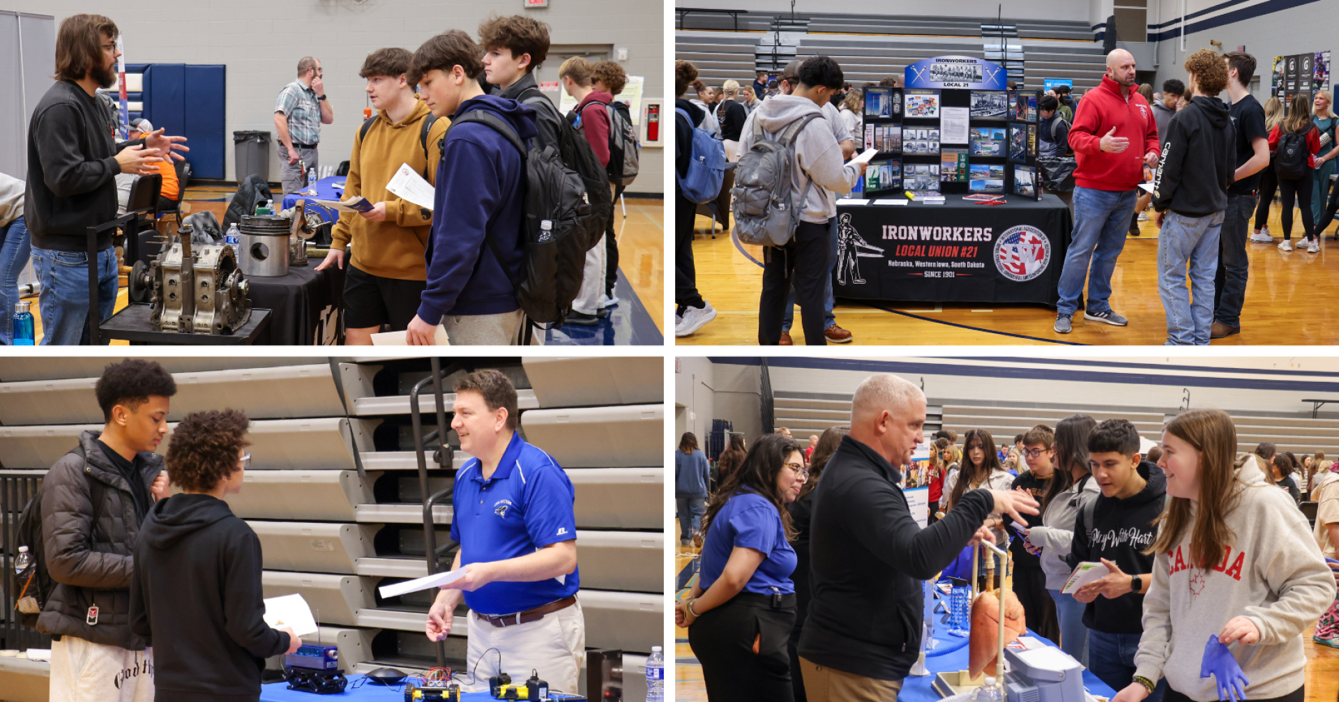A collage of four images showing students talking with various trade representatives at the LCHS Trade Fair.