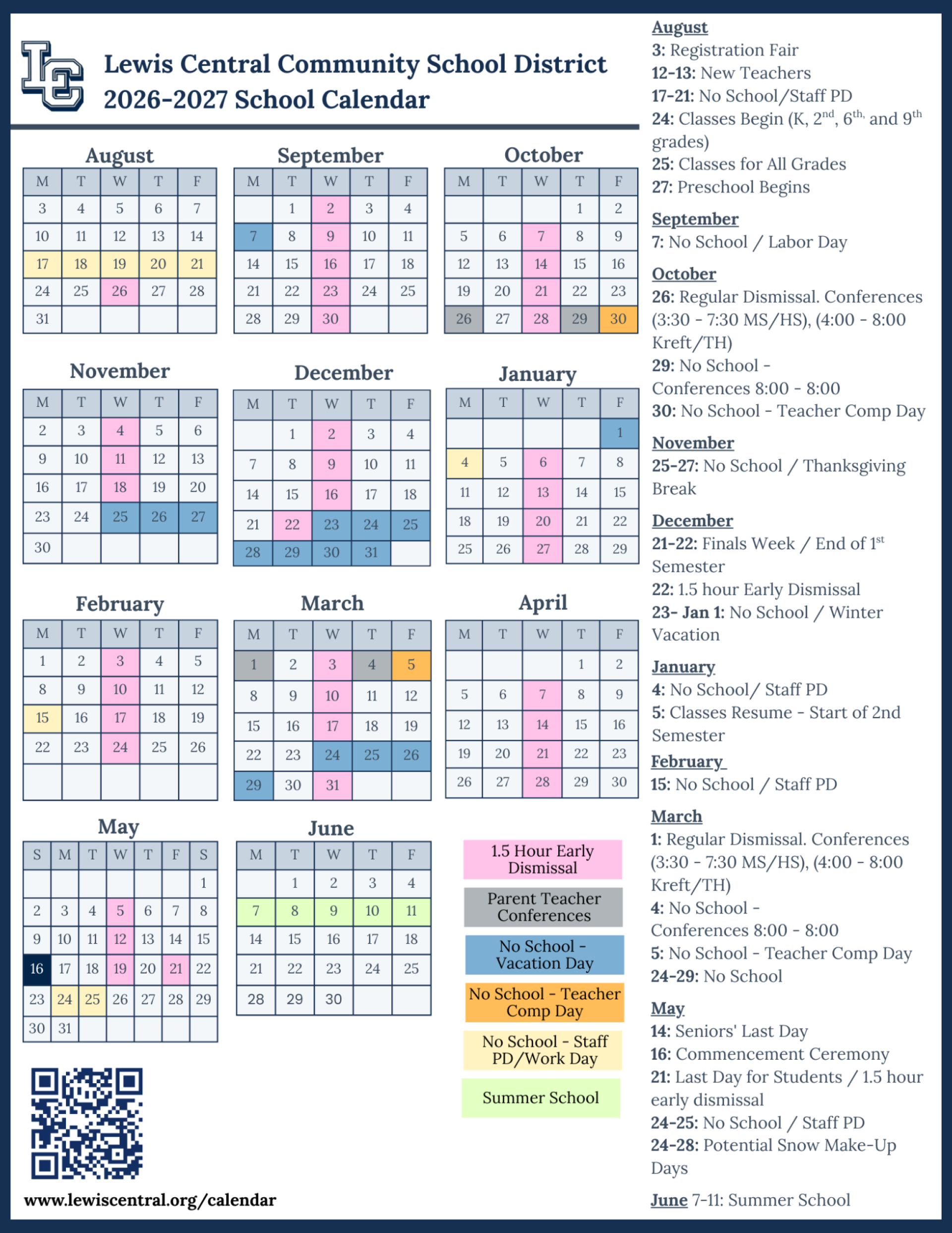2026-2027 academic calendar for Lewis Central Community School District