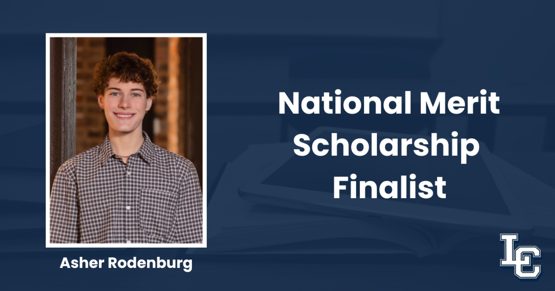 Asher Rodenbug\'s senior photo with a graphic that says "National Merit Scholarship Finalist"