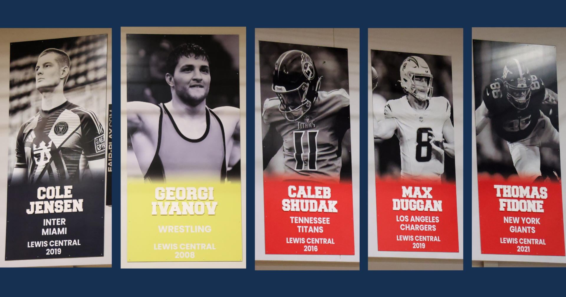 Photos of the new banners at the Iowa West Field House showcasing Lewis Central alum inducted into the Council Bluffs Pro Sports Roster.