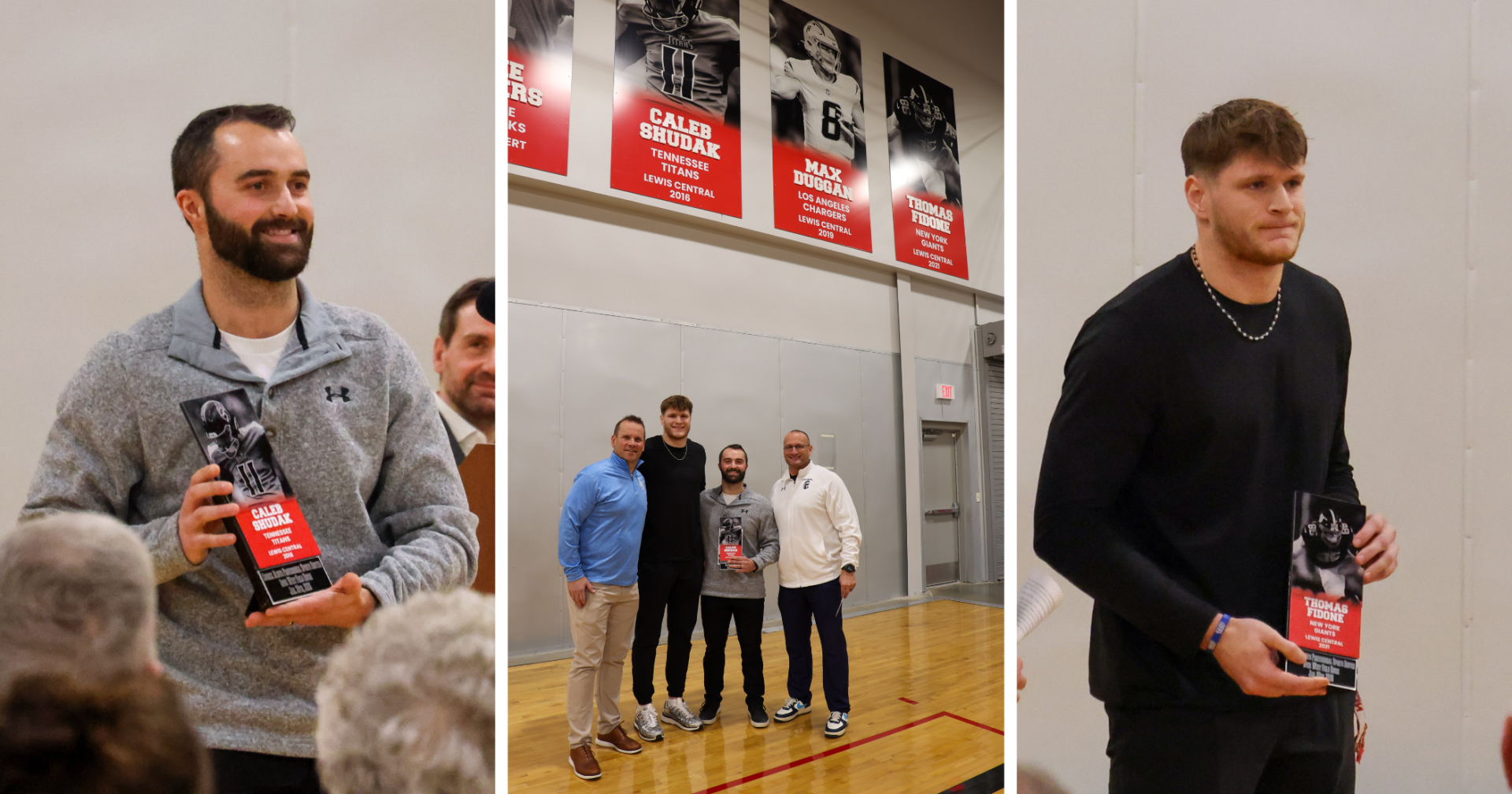 Photo of Caleb Shudak and Thomas Fidone at the Council Bluffs Pro Sports Roster event holding their awards and posing with LCHS football coach Dan Miller and Justin Kammrad.