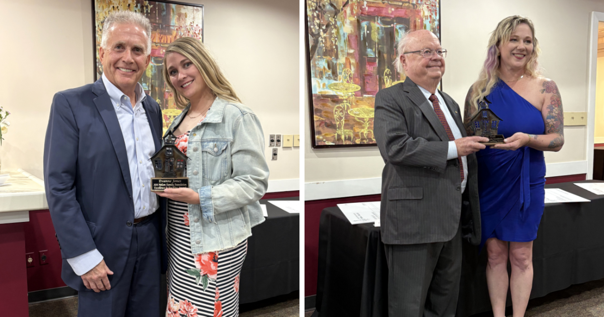 Two photo collage. First photo is Evanne Jones holding her award. Second photo is Kelli Hall holding her award.