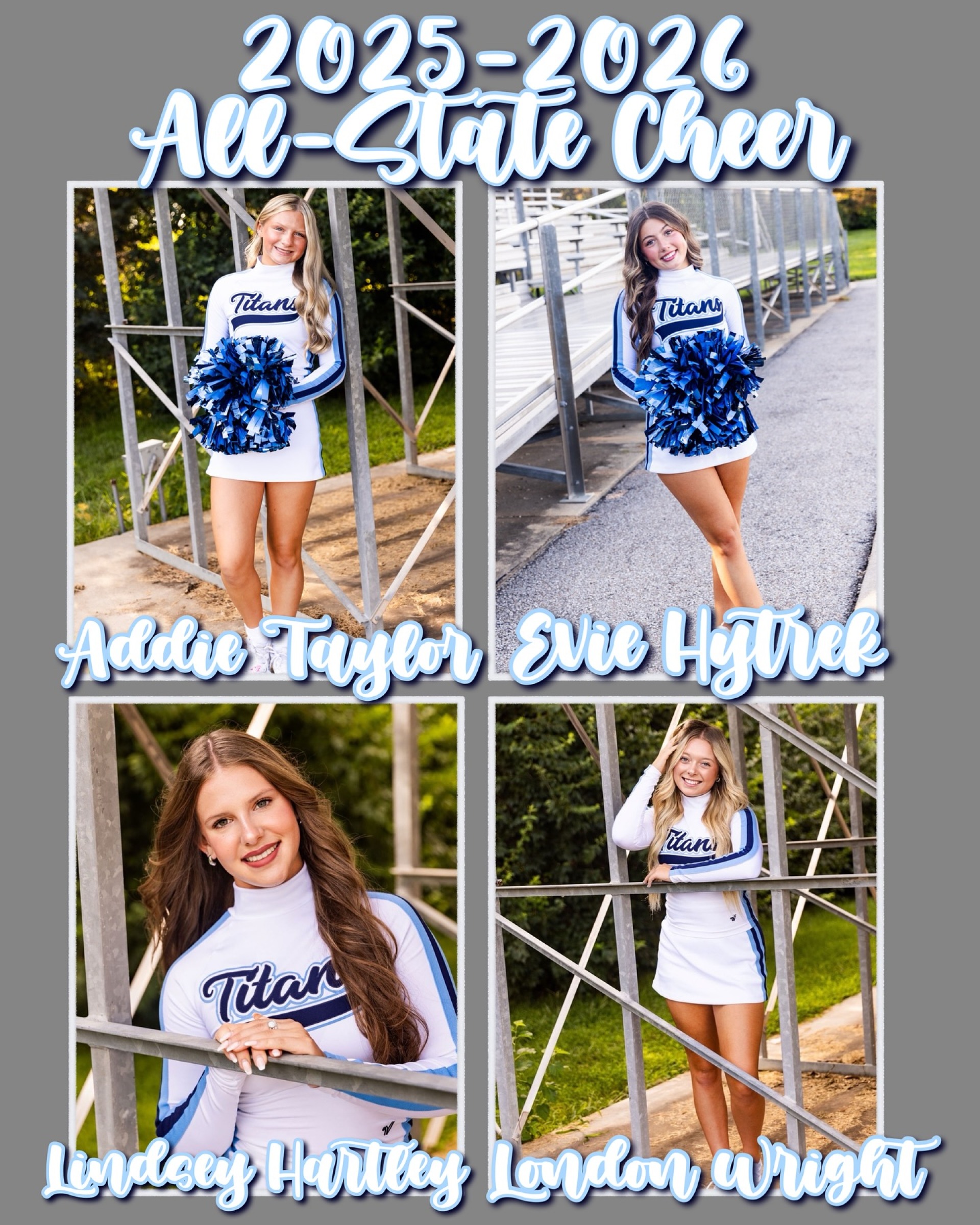 A photo collage of the four LCHS cheerleaders who made All-State Cheer. Addie Taylor, Evie Hytrek, Lindsey Hartley, and London Wright.