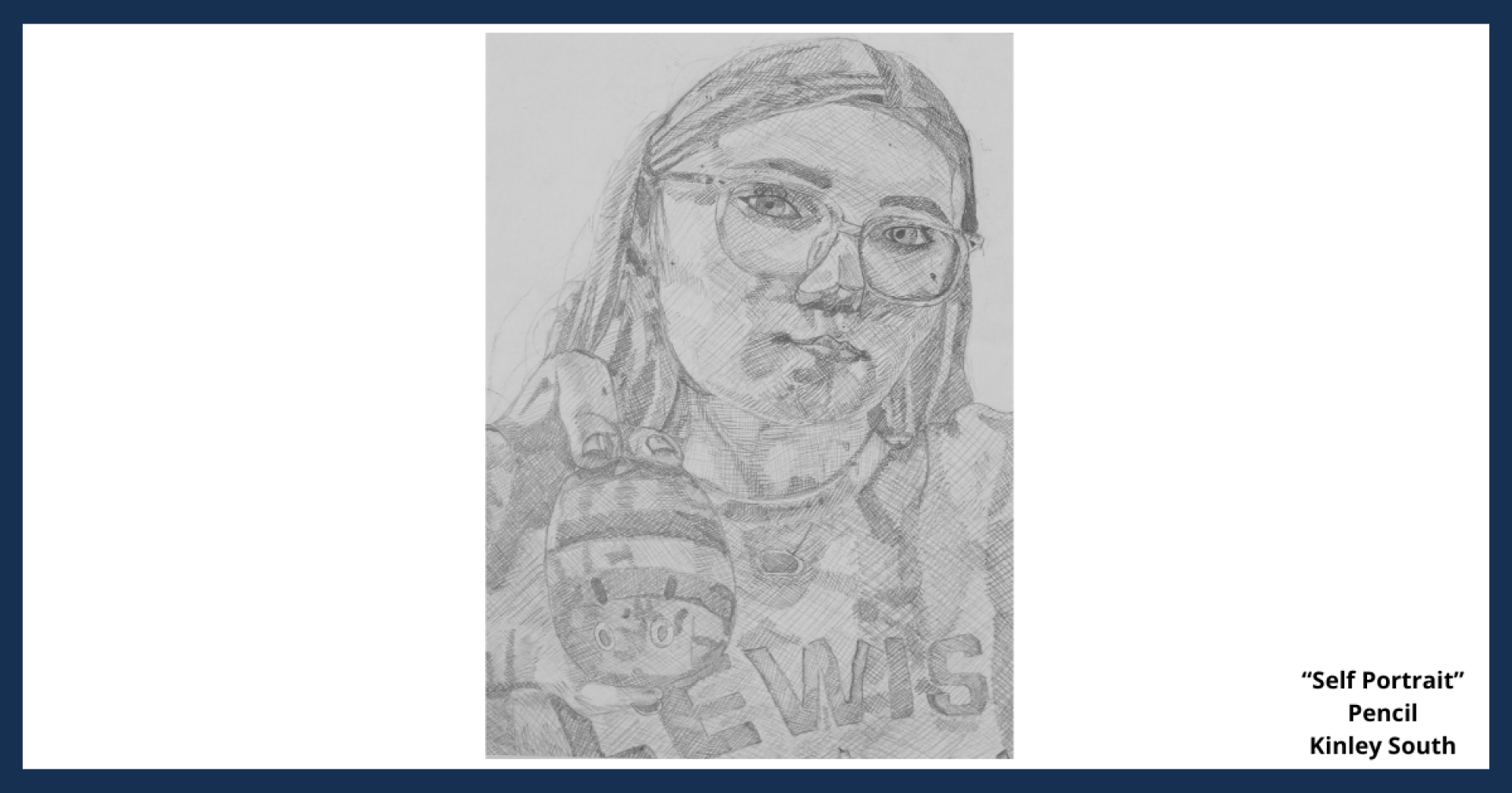 A pencil drawing of a young girl wearing glasses, titled "Self Portrait," created by Kinley South.