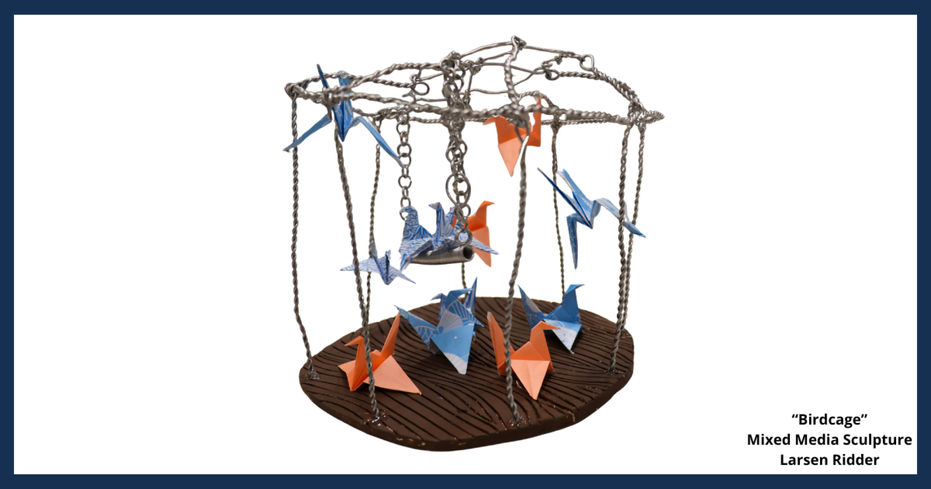 A mixed-media sculpture with oragami birds hanging from wire, titled "Birdcage," created by Larsen Ridder.