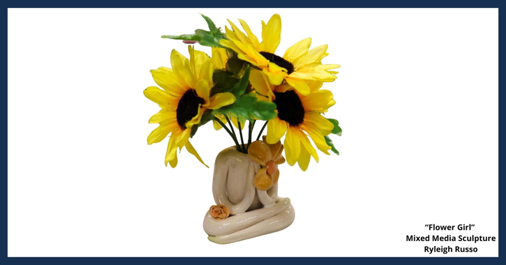 A sculpture of a person sitting cross legged on the ground, with sunflowers coming out of the head, titled "Flower Girl," created by Ryleigh Russo.