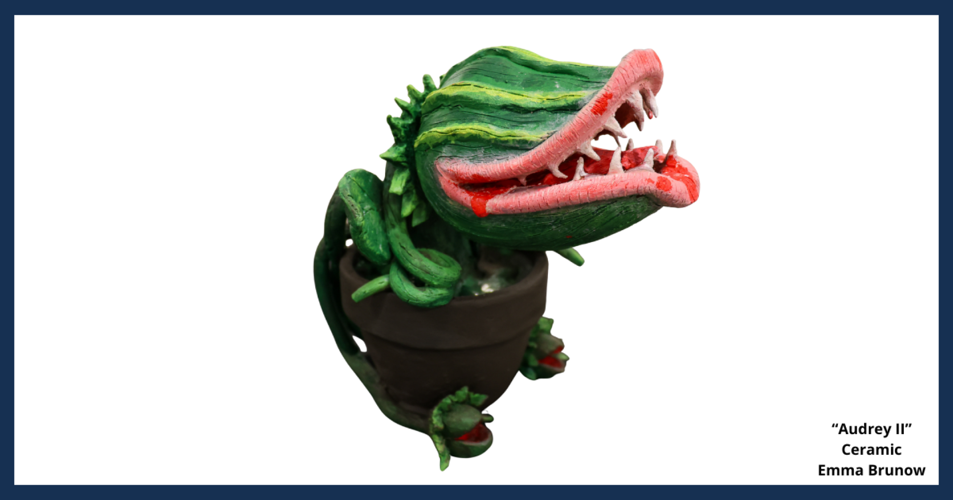 A ceramic sculpture of a watermelon headed creature sitting inside of a flower pot, titled "Audrey II," created by Emma Brunow.