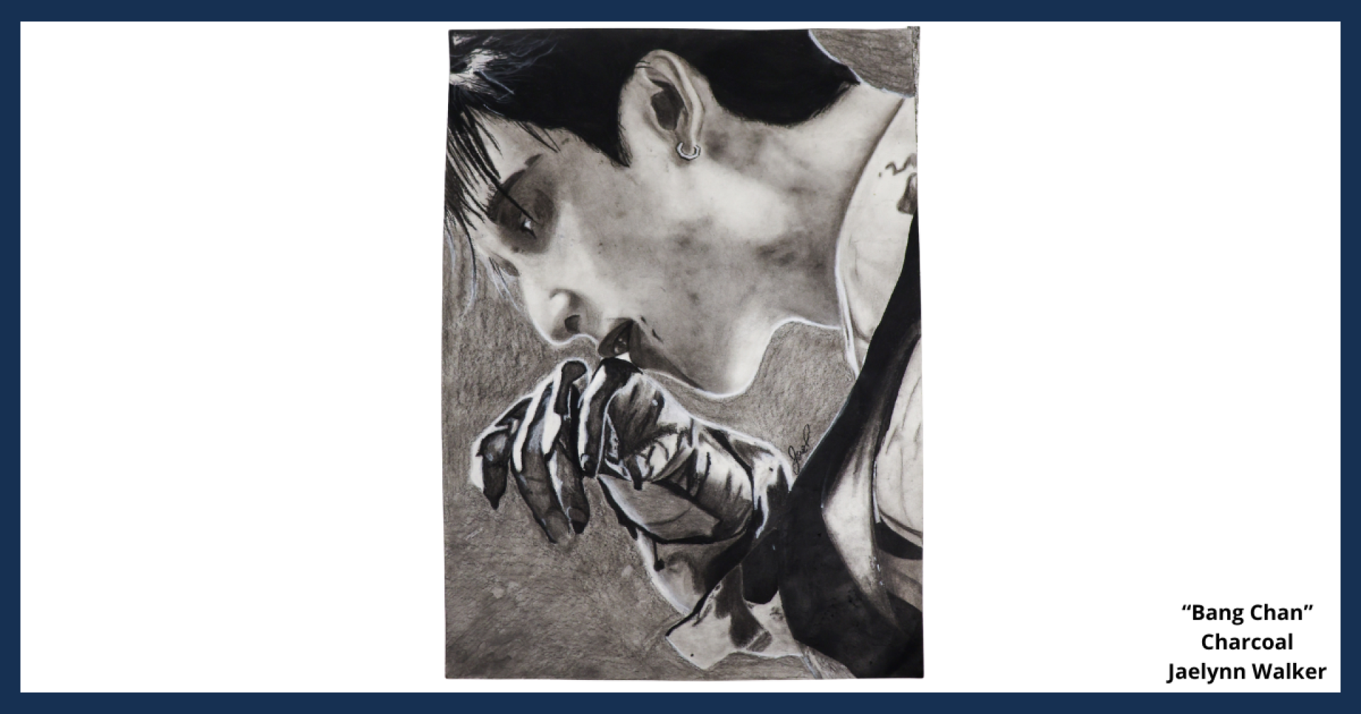 A charcoal drawing of a mysterious looking man, tit;ed "Bang Chan," created by Jaelynn Walker.