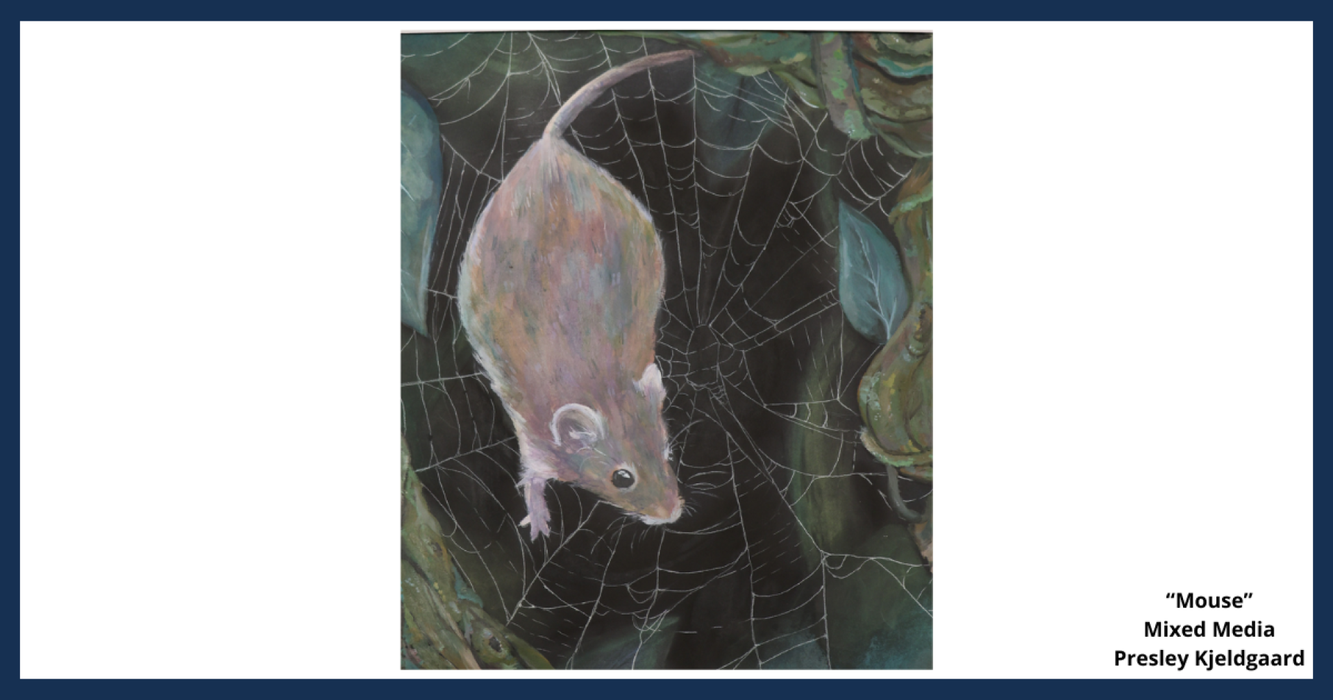 A mixed media drawing of a mouse on a spiderweb, titled "Mouse," created by Presley Kjeldgaard.