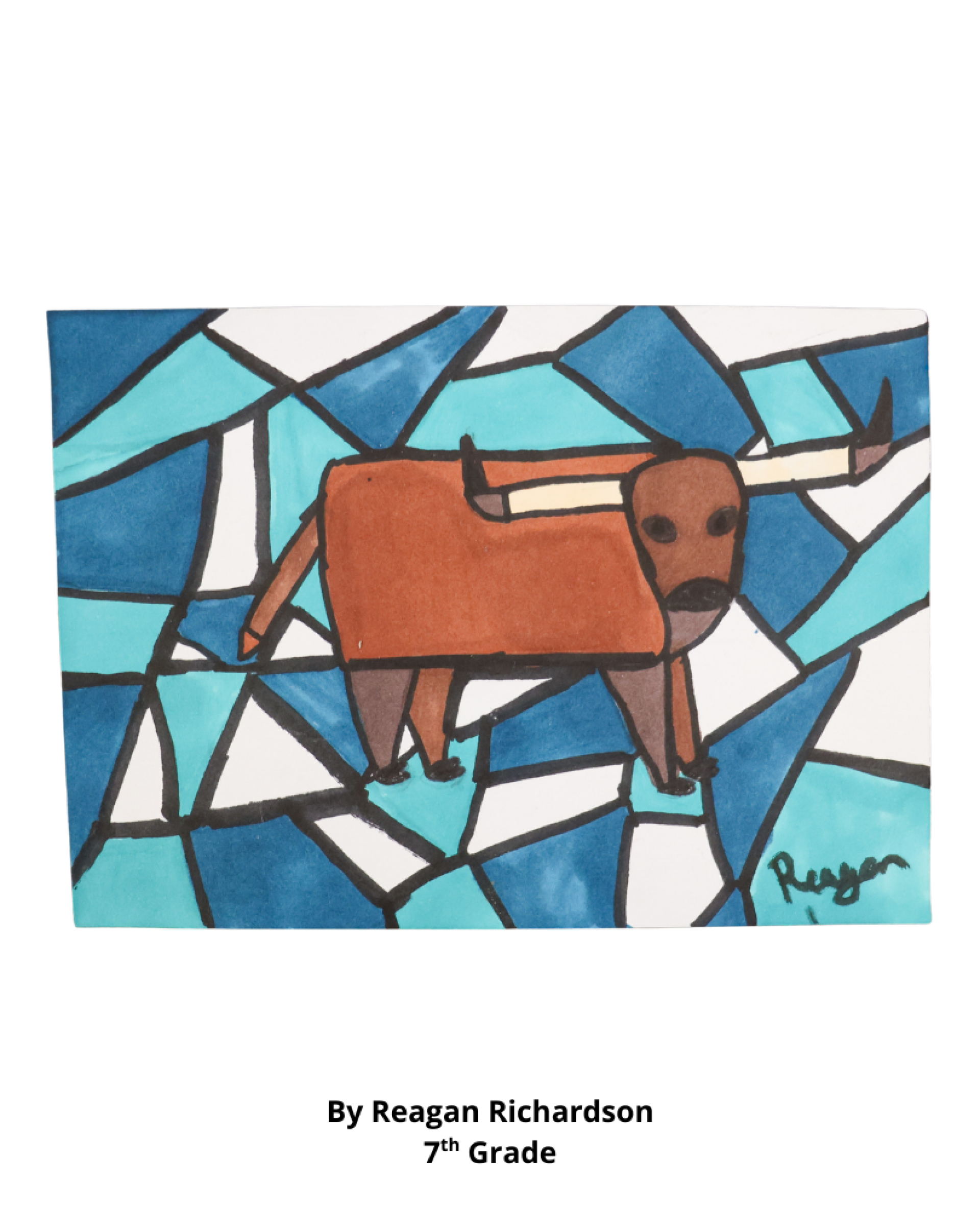 A mosaic style painting with a brown bull in the center, created by 7th grader Reagan Richardson.