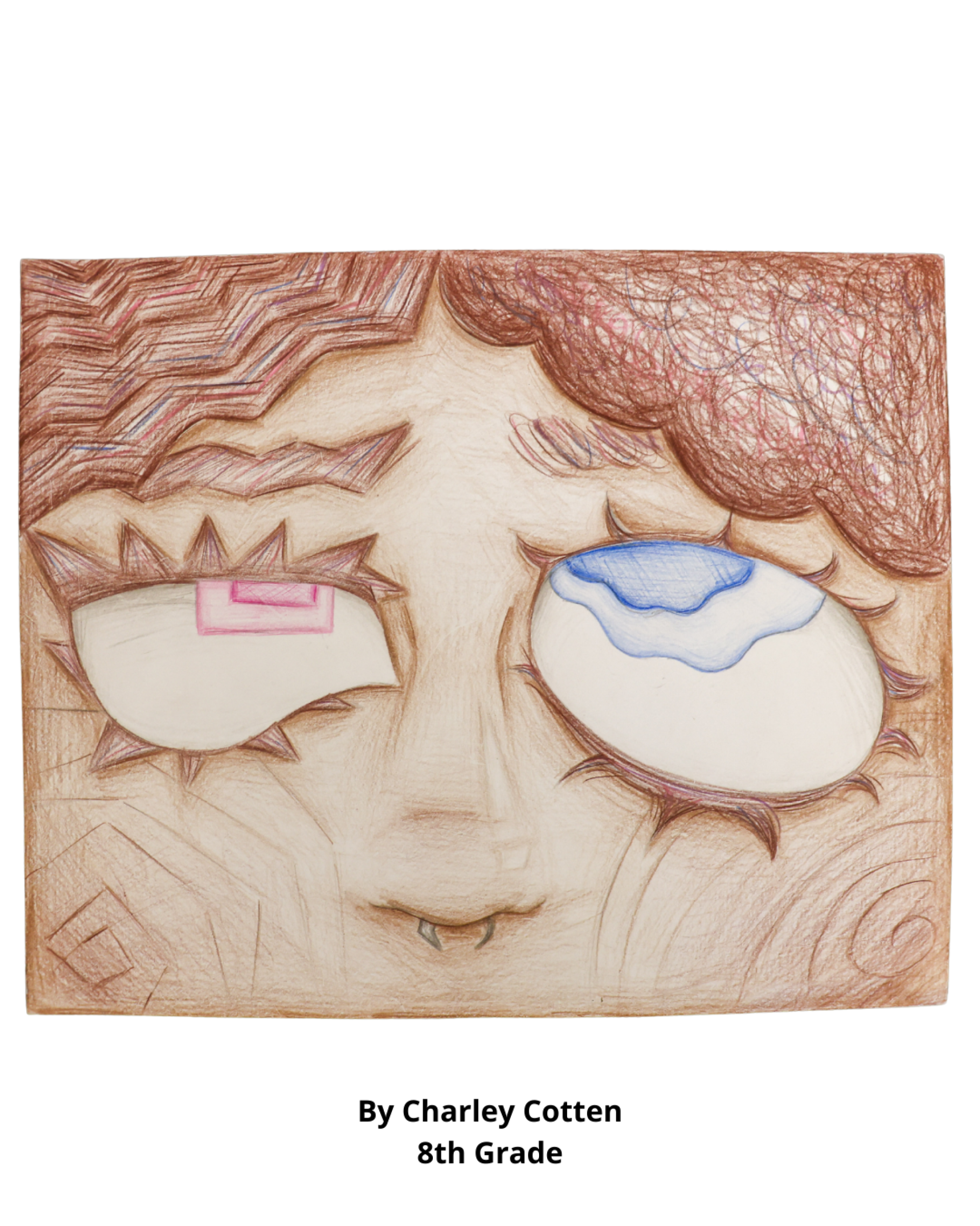 A colored pencil drawing of a close up face with colorful eyes and uniquely shaped pupils, created by 8th grader Charley Cotten.