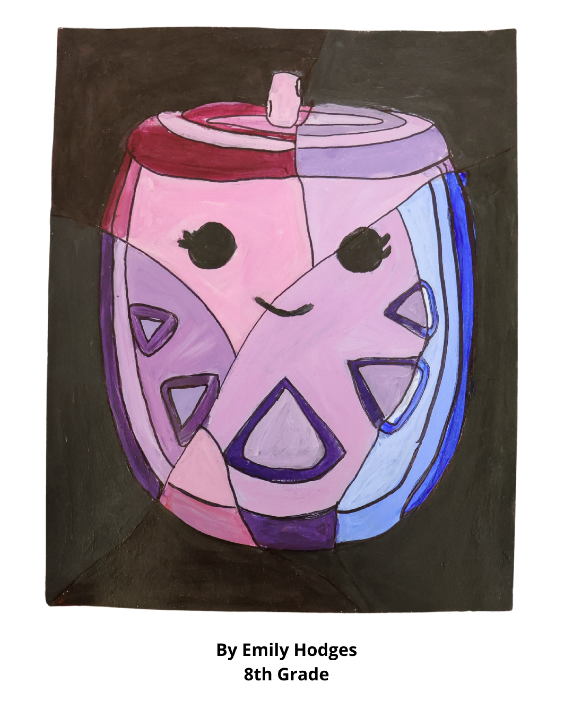 A painting of a purple juice box with a face, created by 8th grader Emily Hodges.
