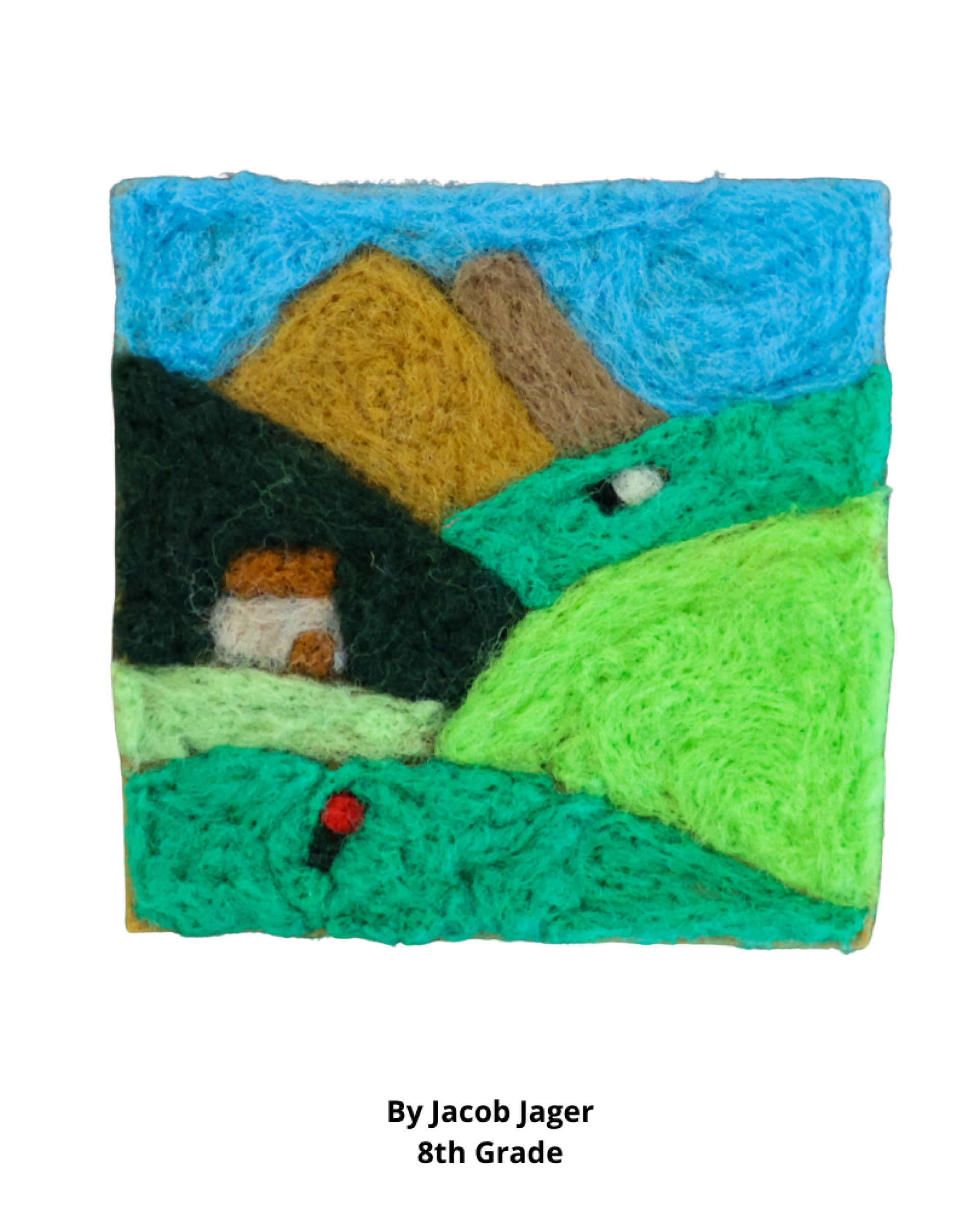 A felt textile artwork showing rolling hills and a house, created by 8th grader Jacob Jager.