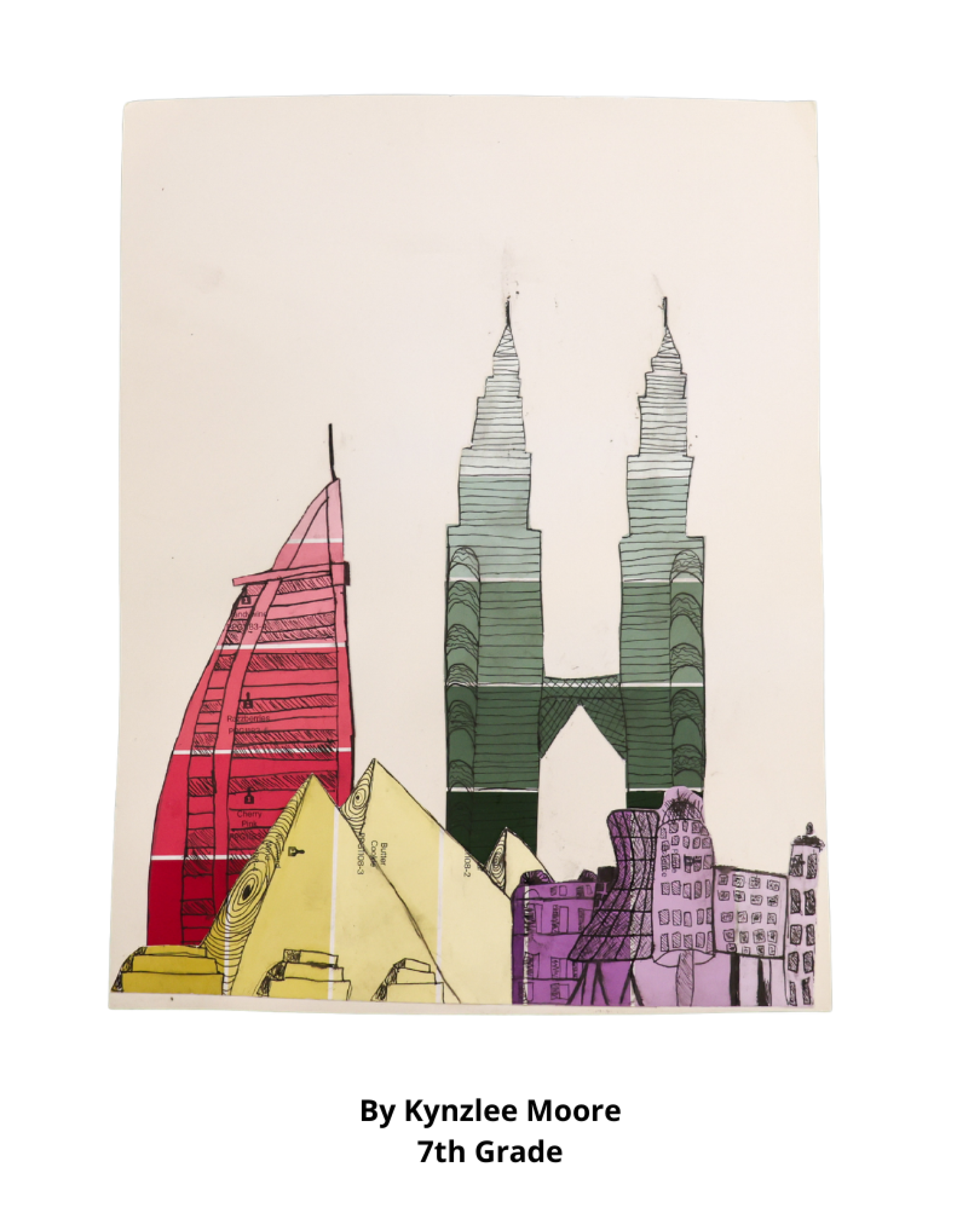 A mixed media collage depicting several buildings in a cityscape, created by 7th grader Kynzlee Moore.