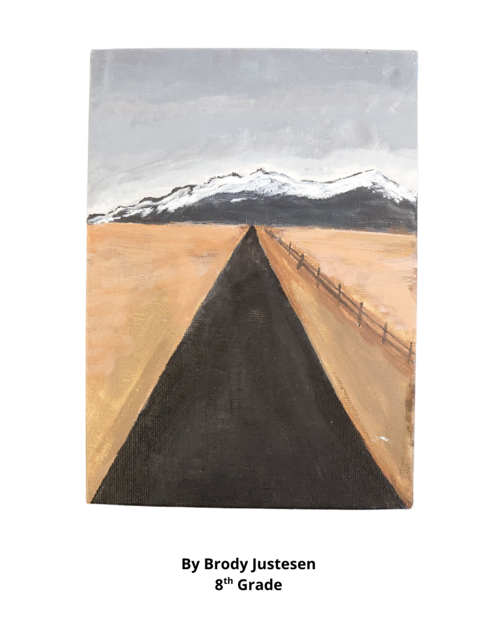 A painting showing a black road that leads to a the mountains, created by 8th grader Brody Justesen.