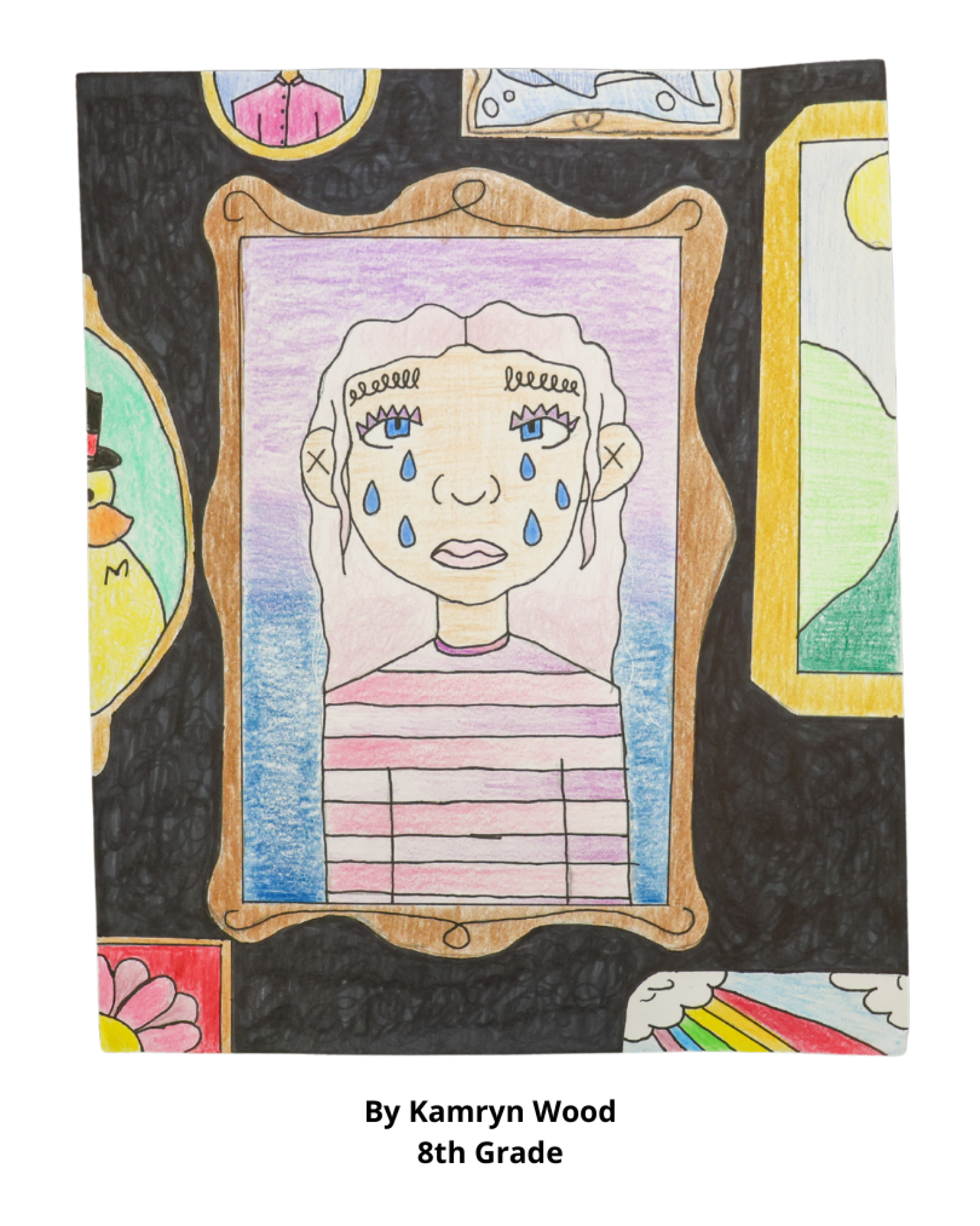 A colored pencil drawing of a wall with several hung picture frames, with a portrait of a crying girl in the the center frame, created by 8th grader Kamryn Wood.
