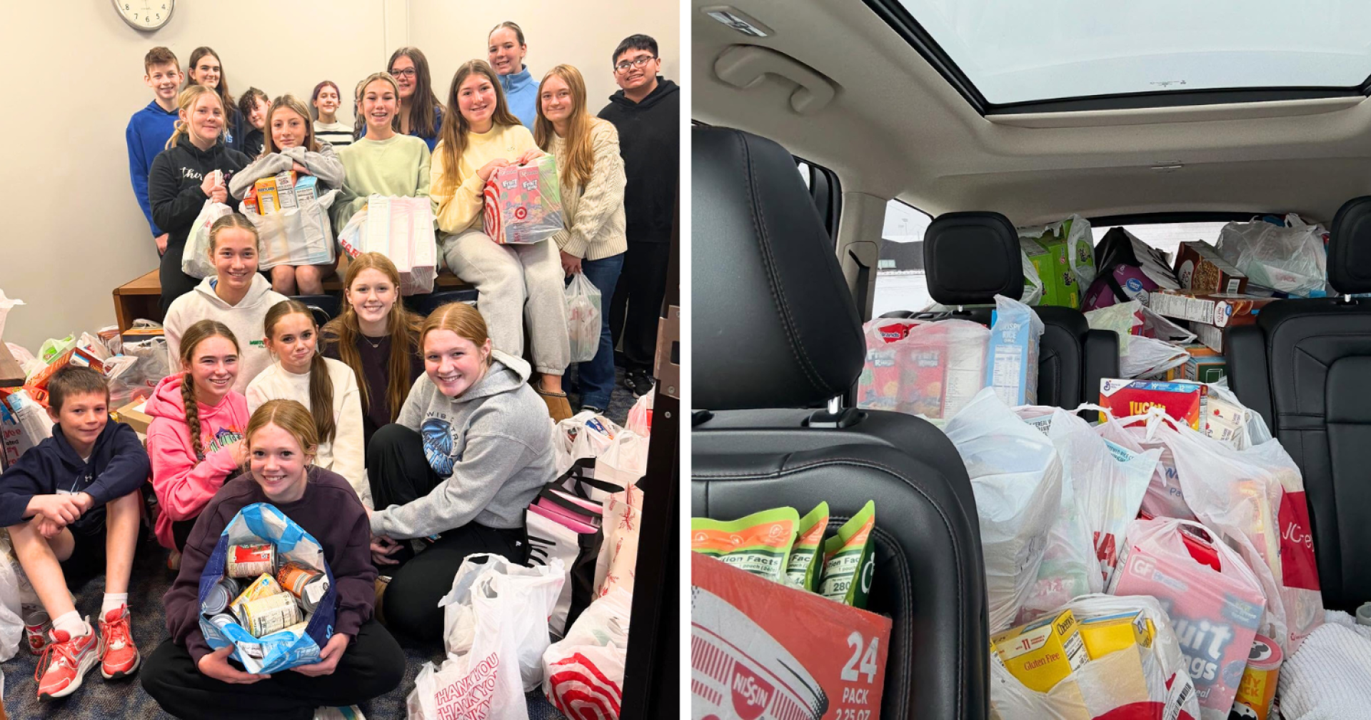 A collage of two images. The first photo shows the LCMS Leadership group posing with their food donations. The second photo shows a car full of food donations.