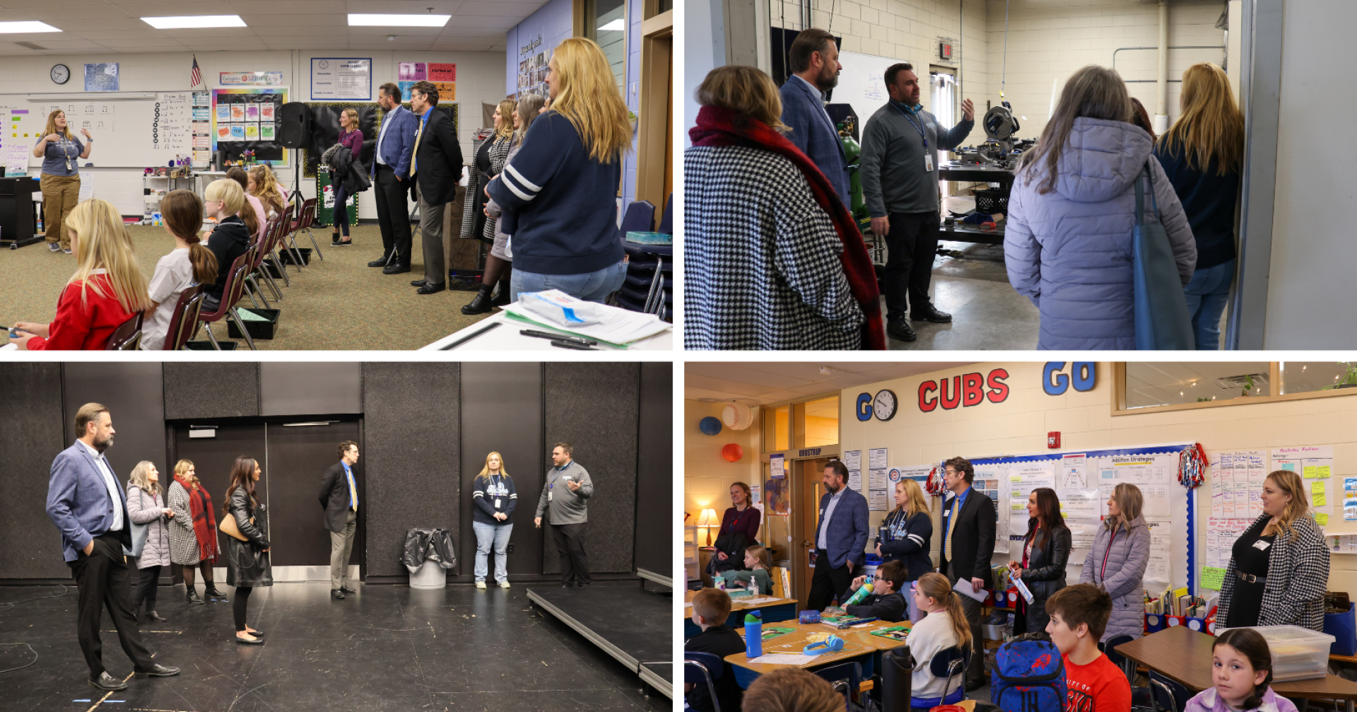 A four-photo collage showing members of Leadership Council Bluffs Class 38 visiting Lewis Central schools. Images include visitors observing an interactive second-grade reading lesson during a genre study at Titan Hill, watching third-grade students discuss different strategies for solving the same math problem, touring the Lewis Central High School welding lab, and visiting the Performing Arts Center while learning about Career and Technical Education programs.