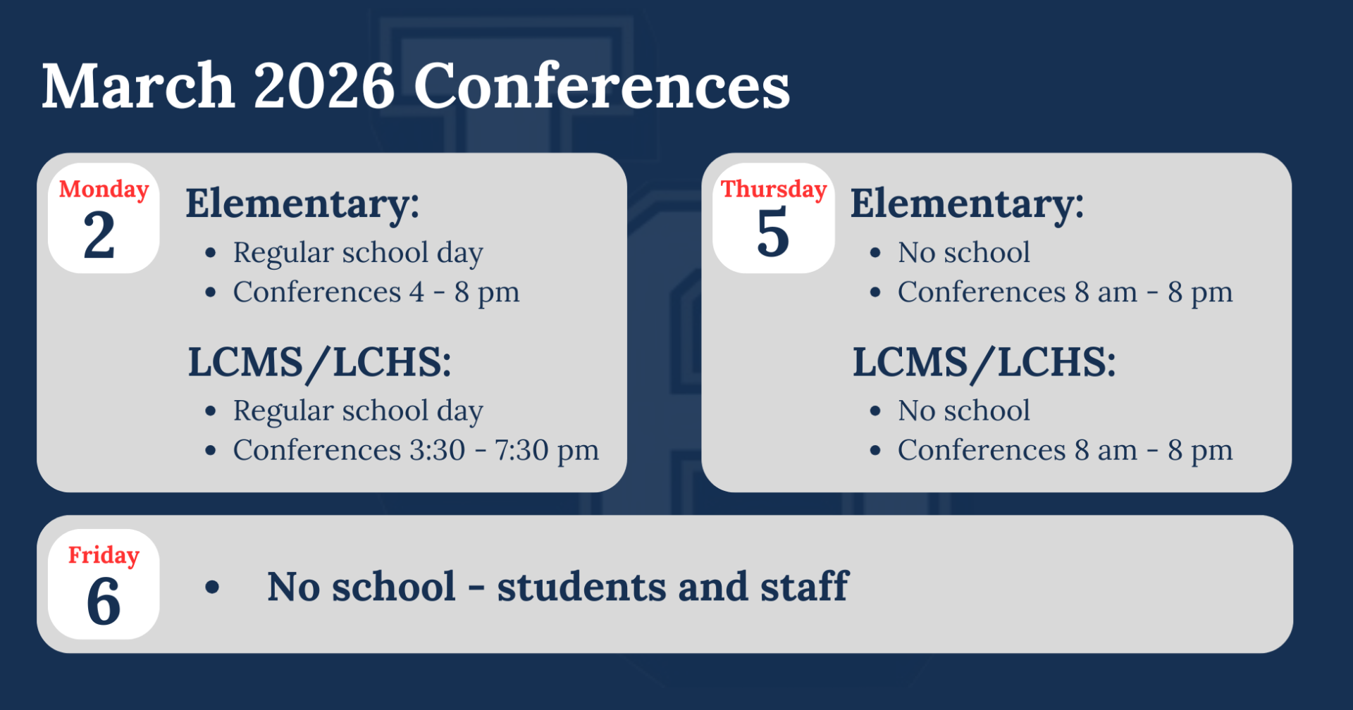 March 2026 school and parent-teacher conference schedule.
