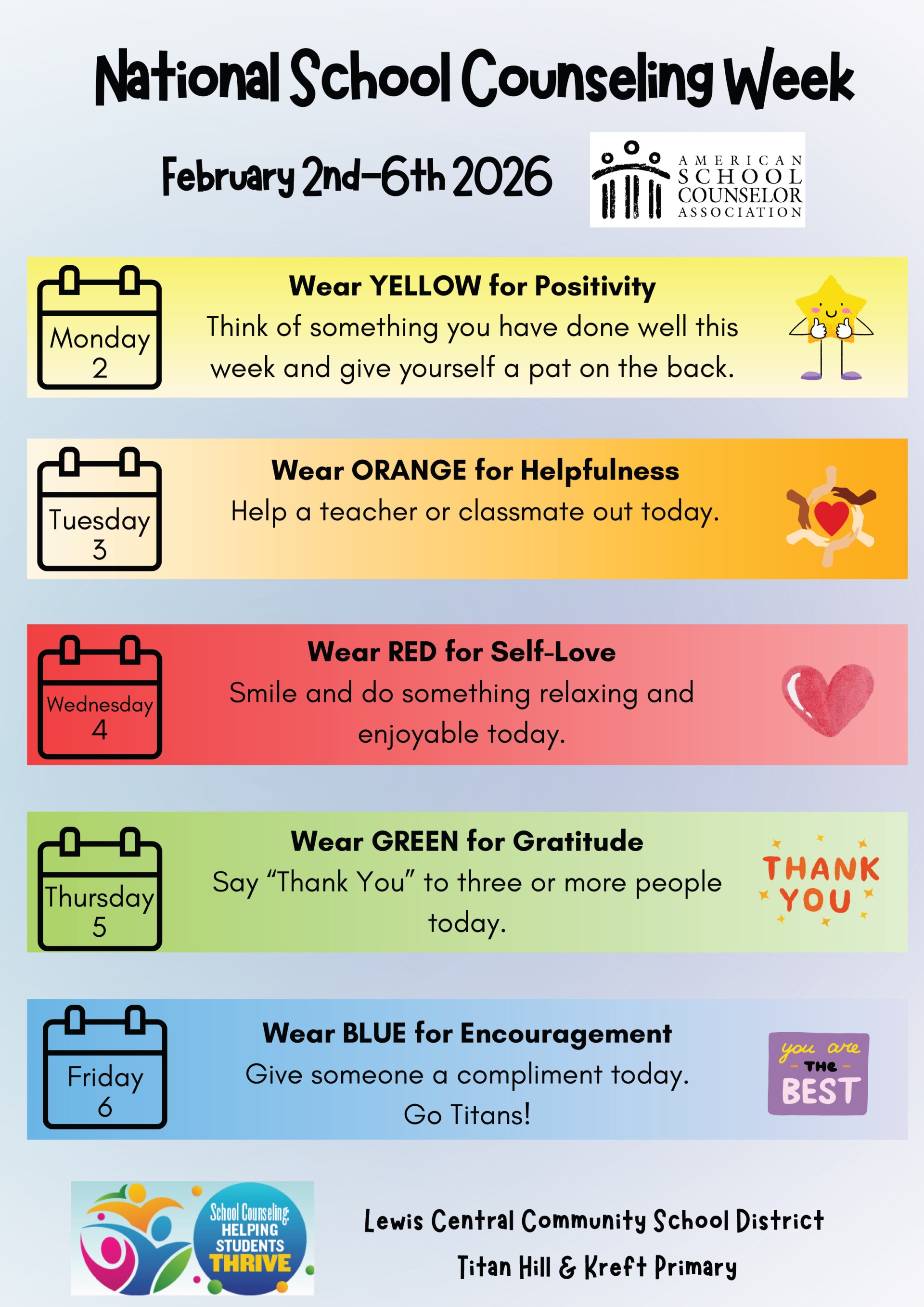 A poster that lists the dress up themes for the week, which can also be read above.