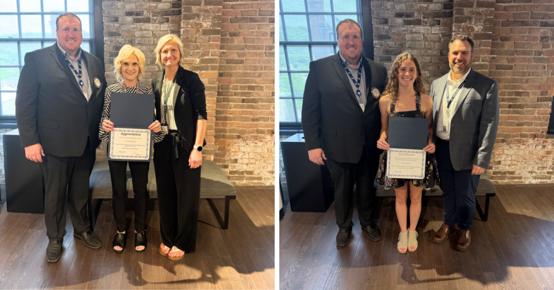 Carla Saddoris holding her recognition with two LC administrators. Kate Graeve holding her recognition with two LC administrators.