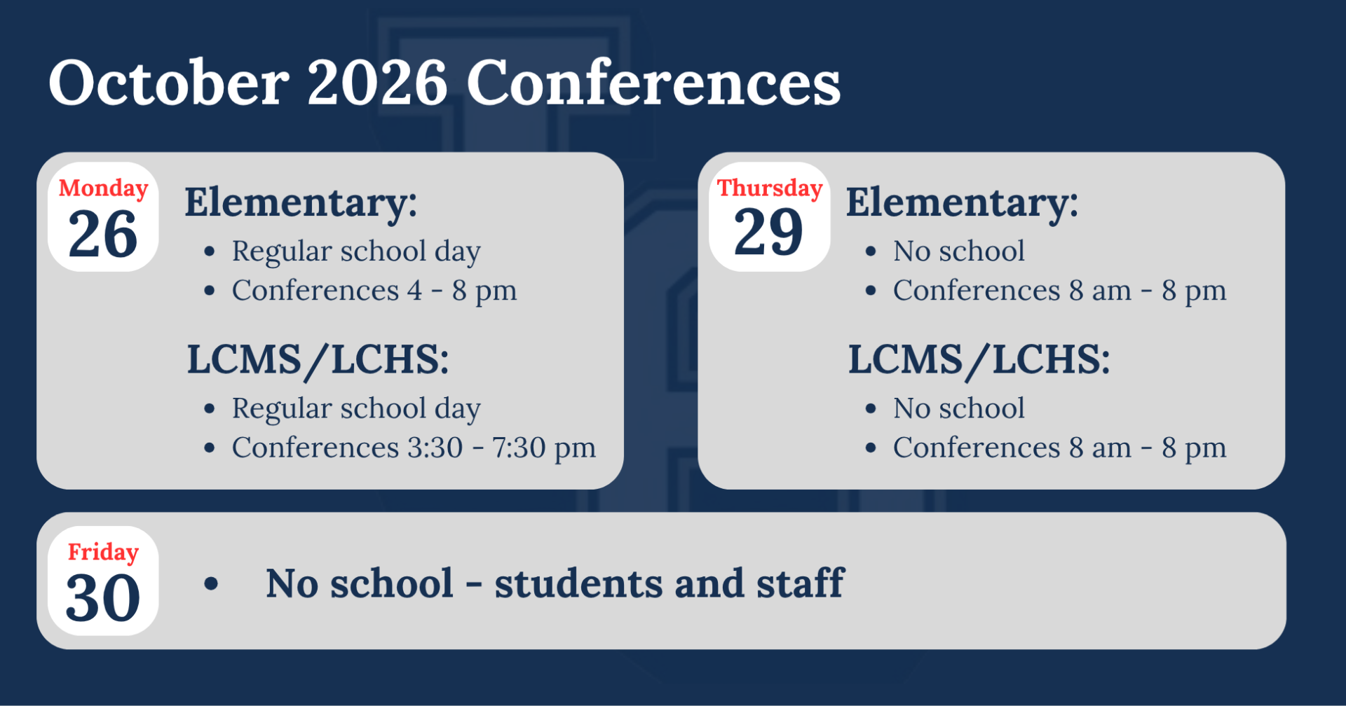 October 2026 conference schedule.