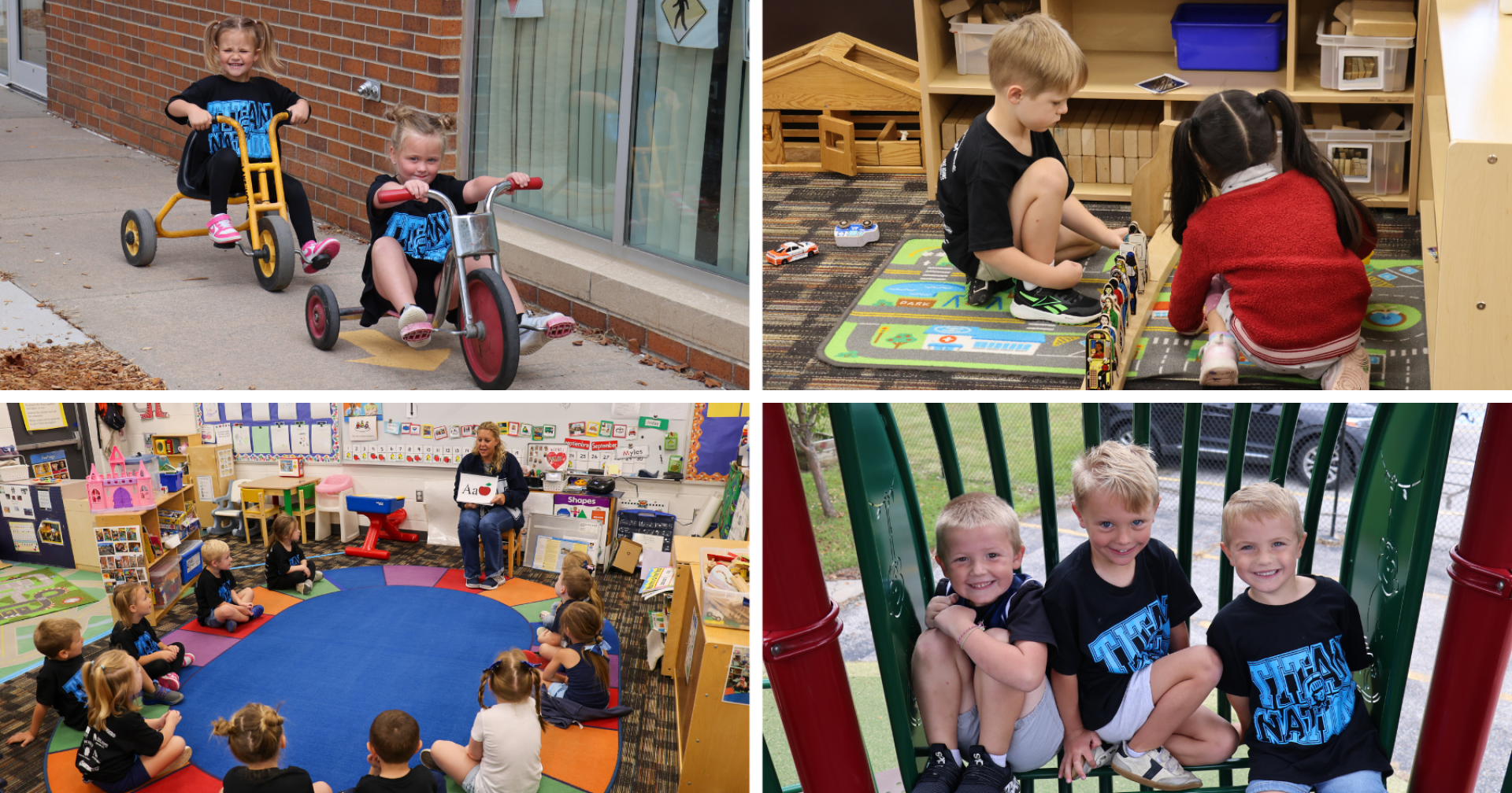 A collage of four images. The first image is two preschool children riding trikes on the playground. The second image is two preschool children playing with blocks on the floor. The third image is of a class full of preschoolers sitting on the carpet listening to their teacher read a book. The fourth image is three boys smiling on the playground.