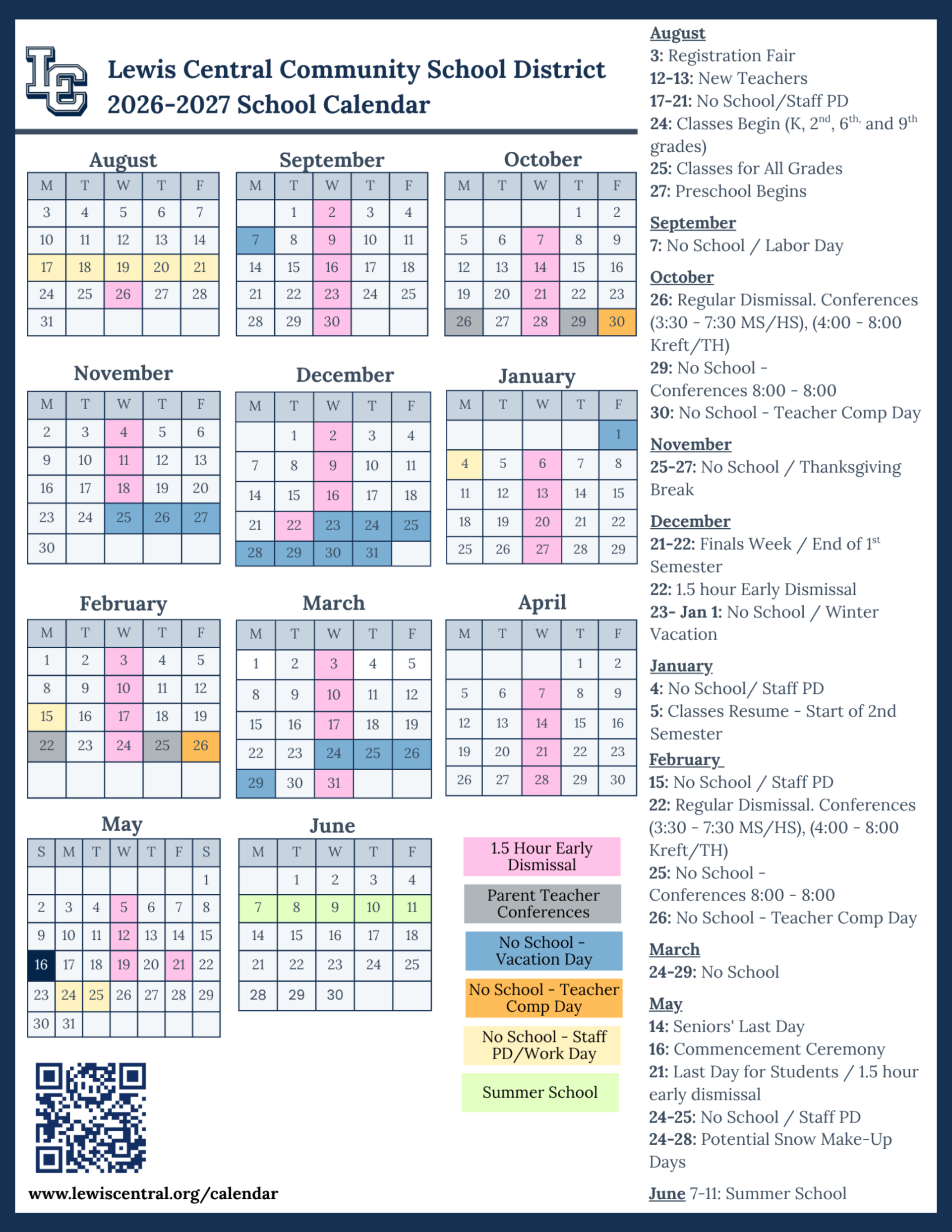 2026-2027 academic calendar for Lewis Central Community School District