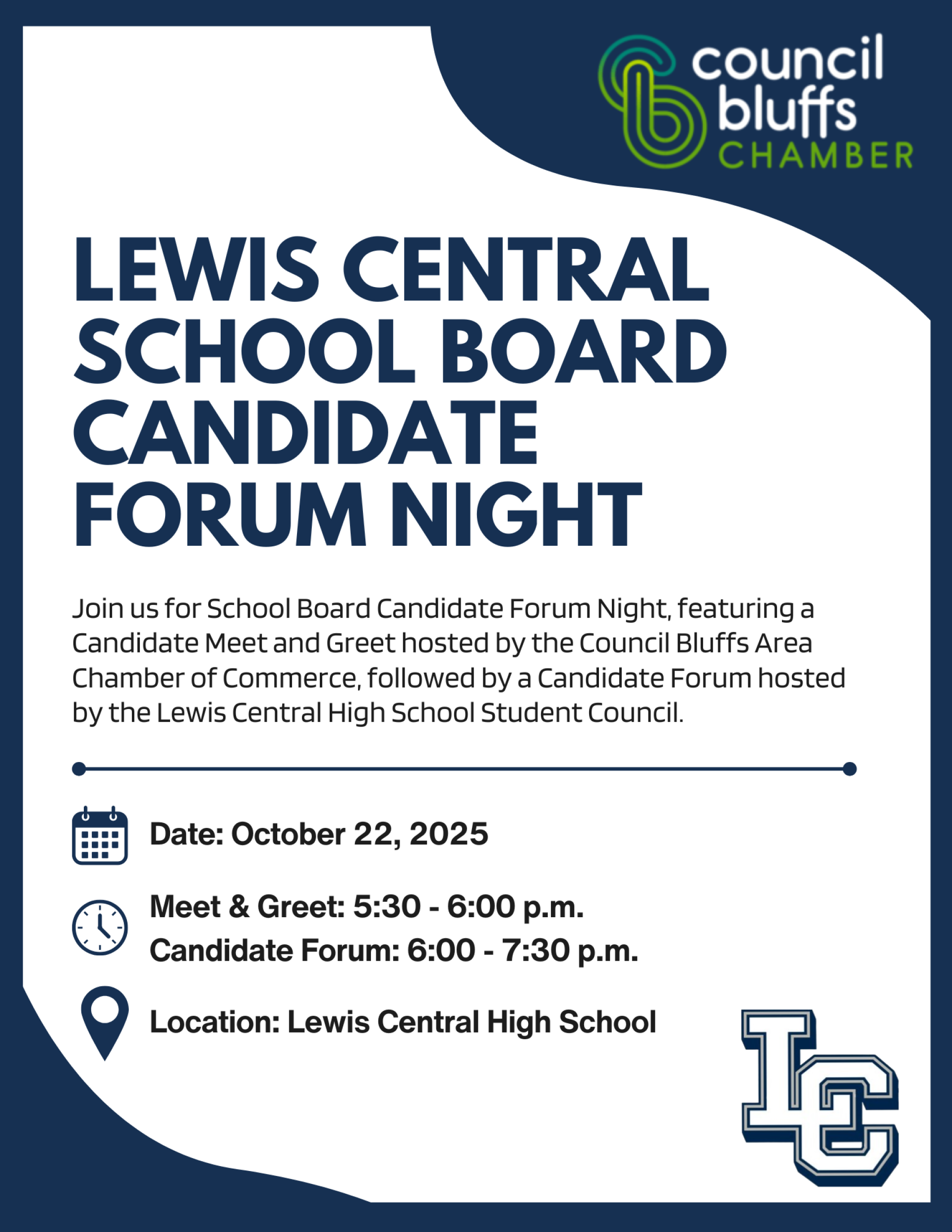 A flyer with information on the LC School Board Candidate Forum, which can be read in the text below the image.