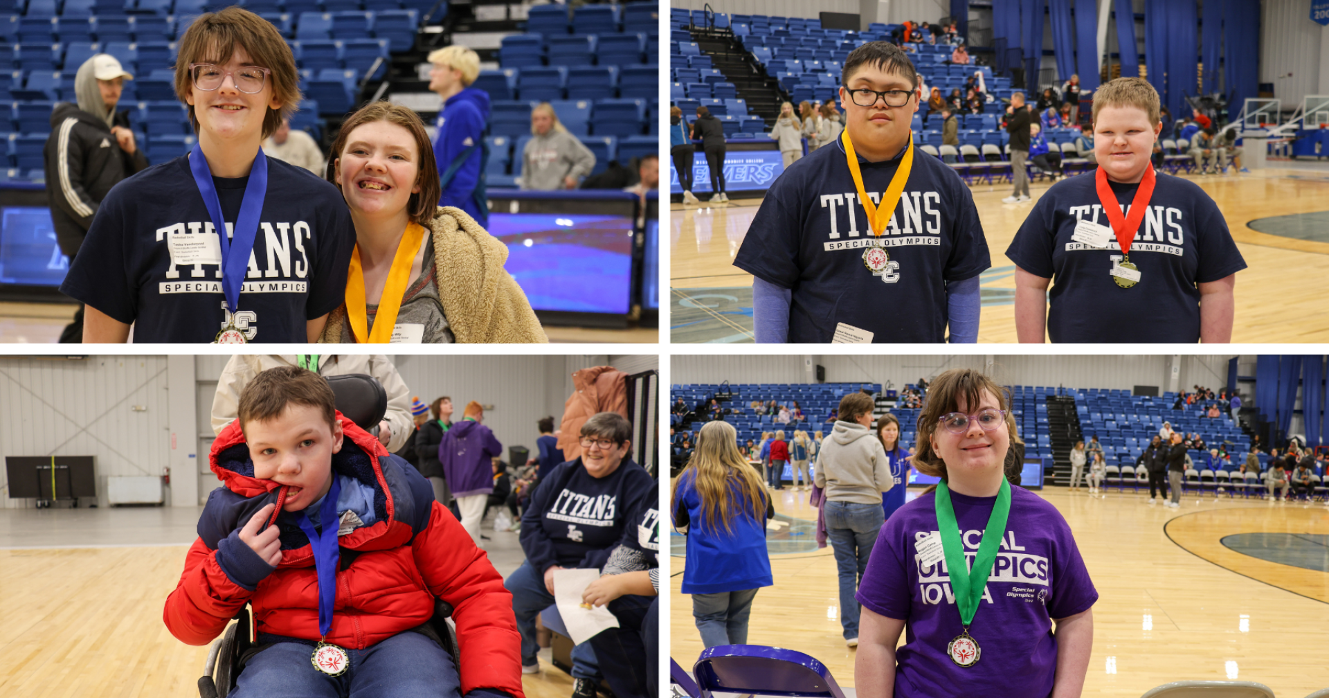 A collage of four photos, showing Lewis Central Special Olympic Athletes holding their medals from the Basketball Skills Competition.