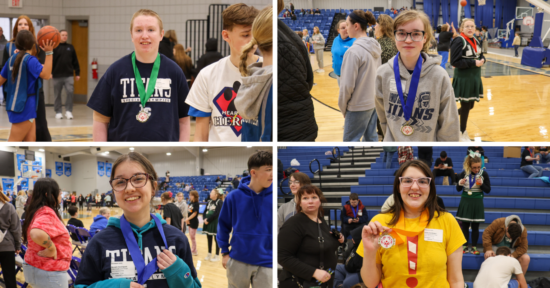 A collage of four photos, showing Lewis Central Special Olympic Athletes holding their medals from the Basketball Skills Competition.
