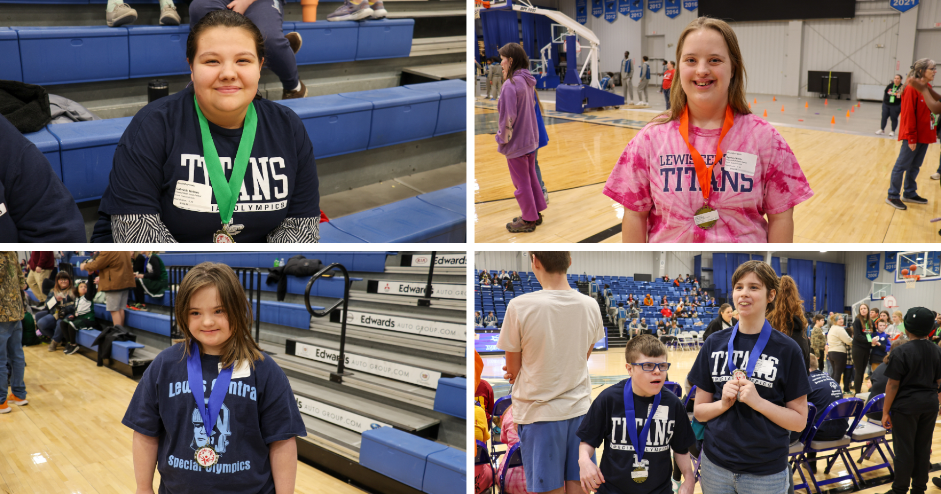 A collage of four photos, showing Lewis Central Special Olympic Athletes holding their medals from the Basketball Skills Competition.