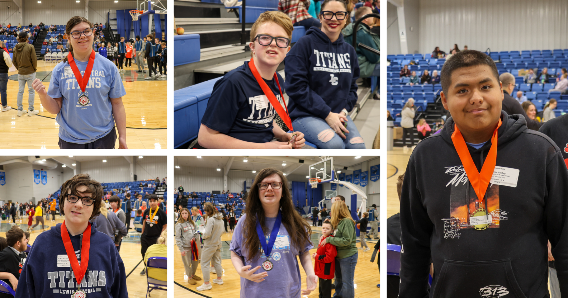 A collage of five photos, showing Lewis Central Special Olympic Athletes holding their medals from the Basketball Skills Competition.