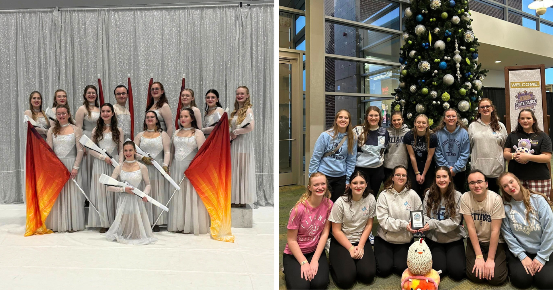 A collage with two images of the LCHS Winter Guard Team