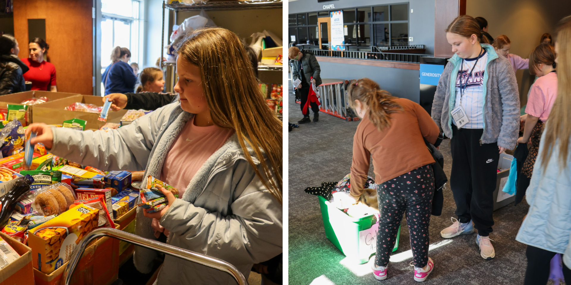 Two photos showing students putting food into the food pantry boxes for families and sorting clothing for the Thriving Titans clothing closet event.