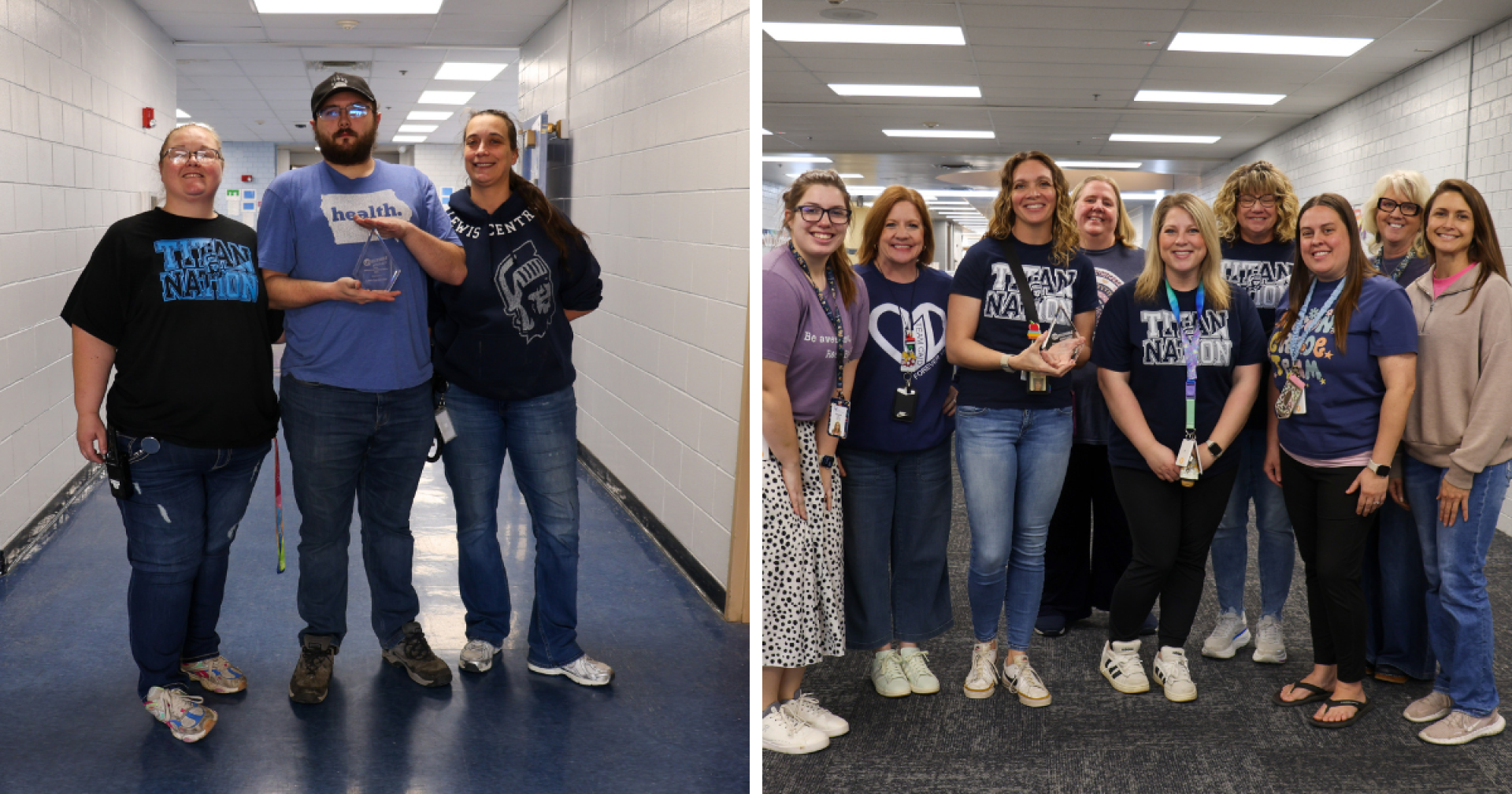 A two-image collage. Left: Titan Hill Maintenance staff holding a workplace award. Right: A group of teachers holding the workplace award.