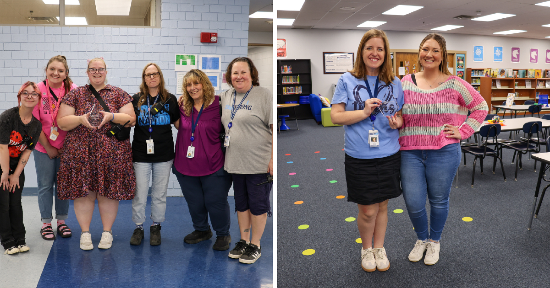 A two-image collage. Left: A group of paraeducators holding the workplace award. Right: Two librarians holding the workplace award.