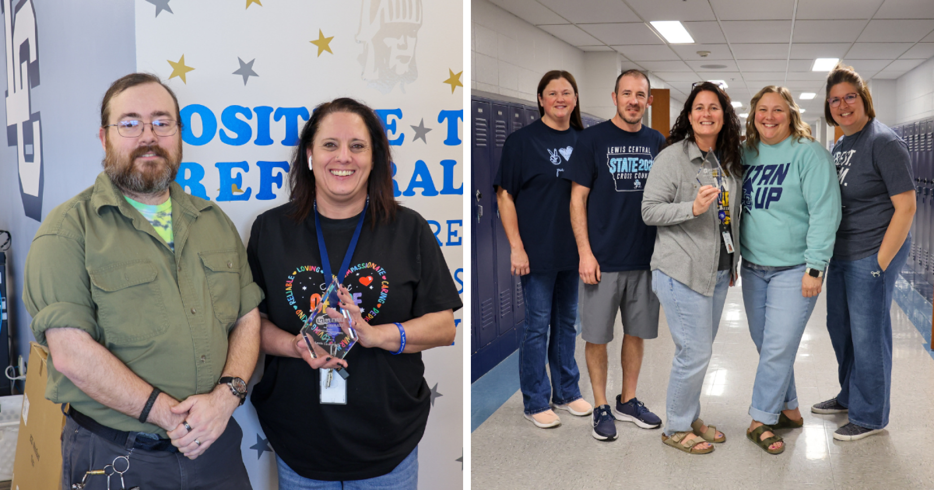 A two-image collage. Left: Two Titan Hill staff members holding the workplace award. Right: A group of middle school teachers holding the workplace award.