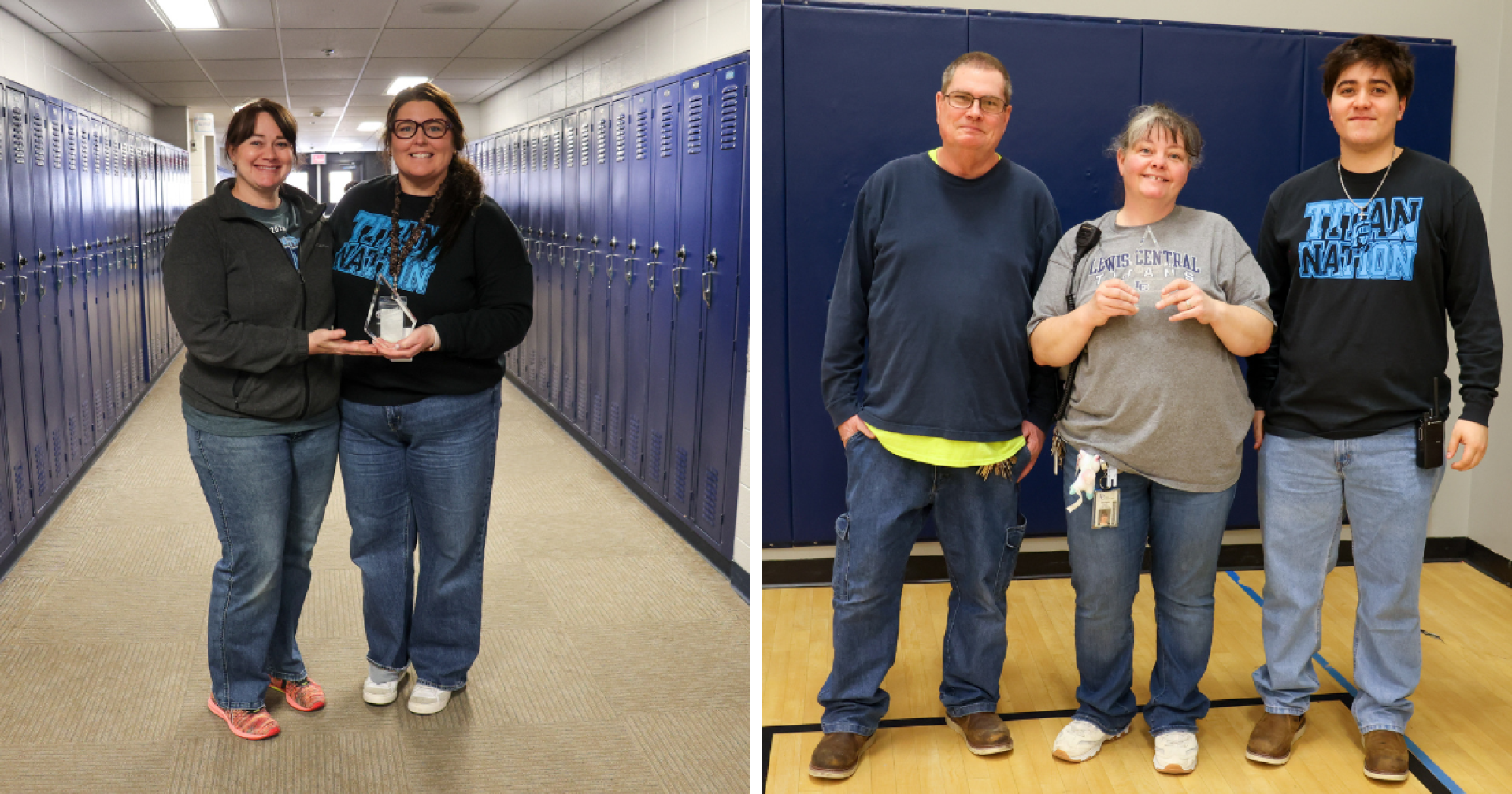 A two-image collage. Left: Two middle school teachers holding the workplace award. Right: Three middle school custodial staff holding the workplace award.