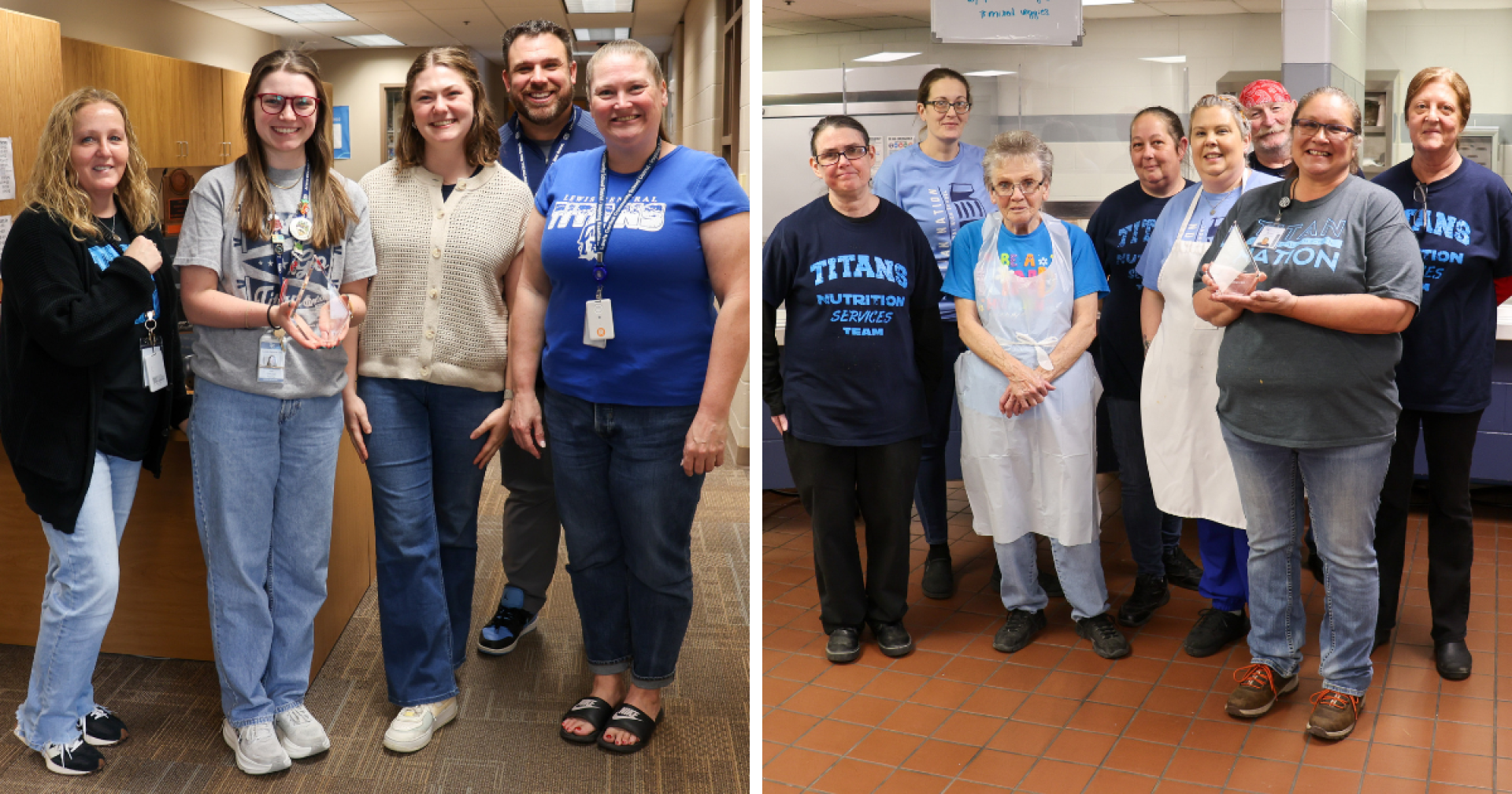 A two-image collage. Left: High school office staff holding the workplace award. Right: The high school kitchen staff holding the workplace award.