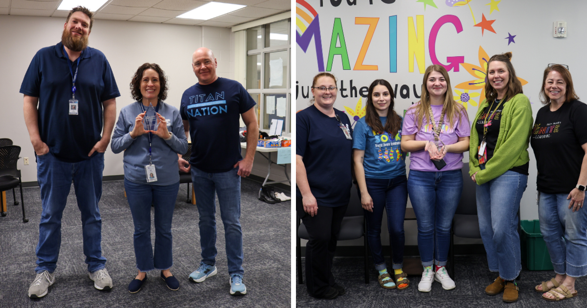 A two-image collage. Left: High school counselors holding the workplace award. Right: Kreft office staff holding the workplace award.