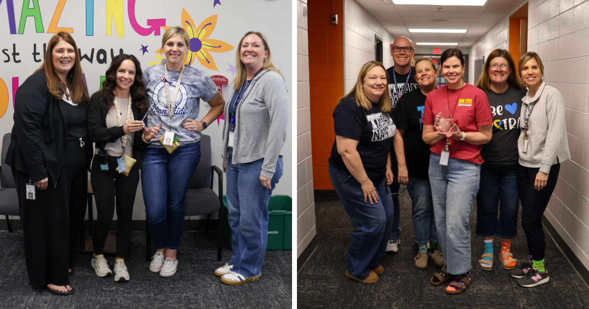 A two-image collage. Left: Kreft administrators and coaches holding the workplace award. Right: A group of Kreft teachers holding the workplace award.