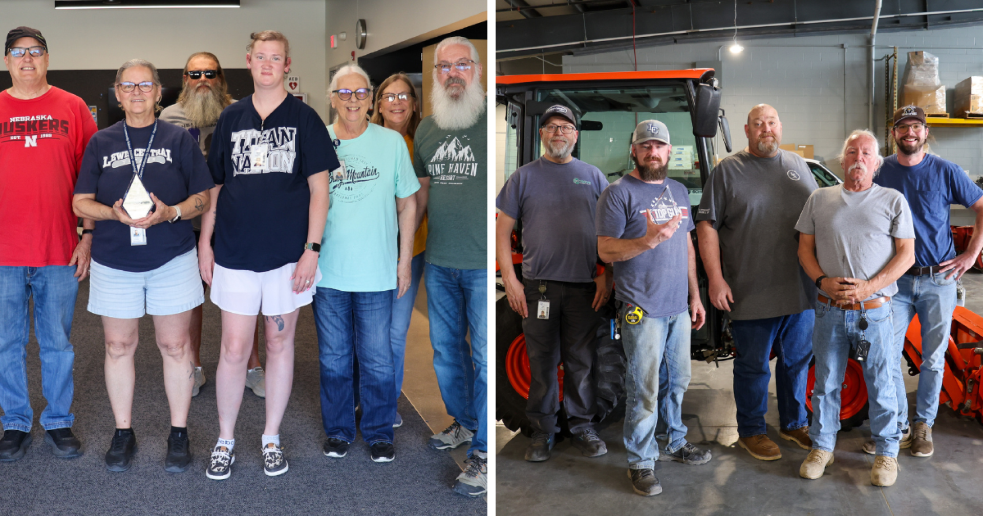 A two-image collage. Left: Several bus drivers holding the workplace award. Right: The operations department holding the workplace award.